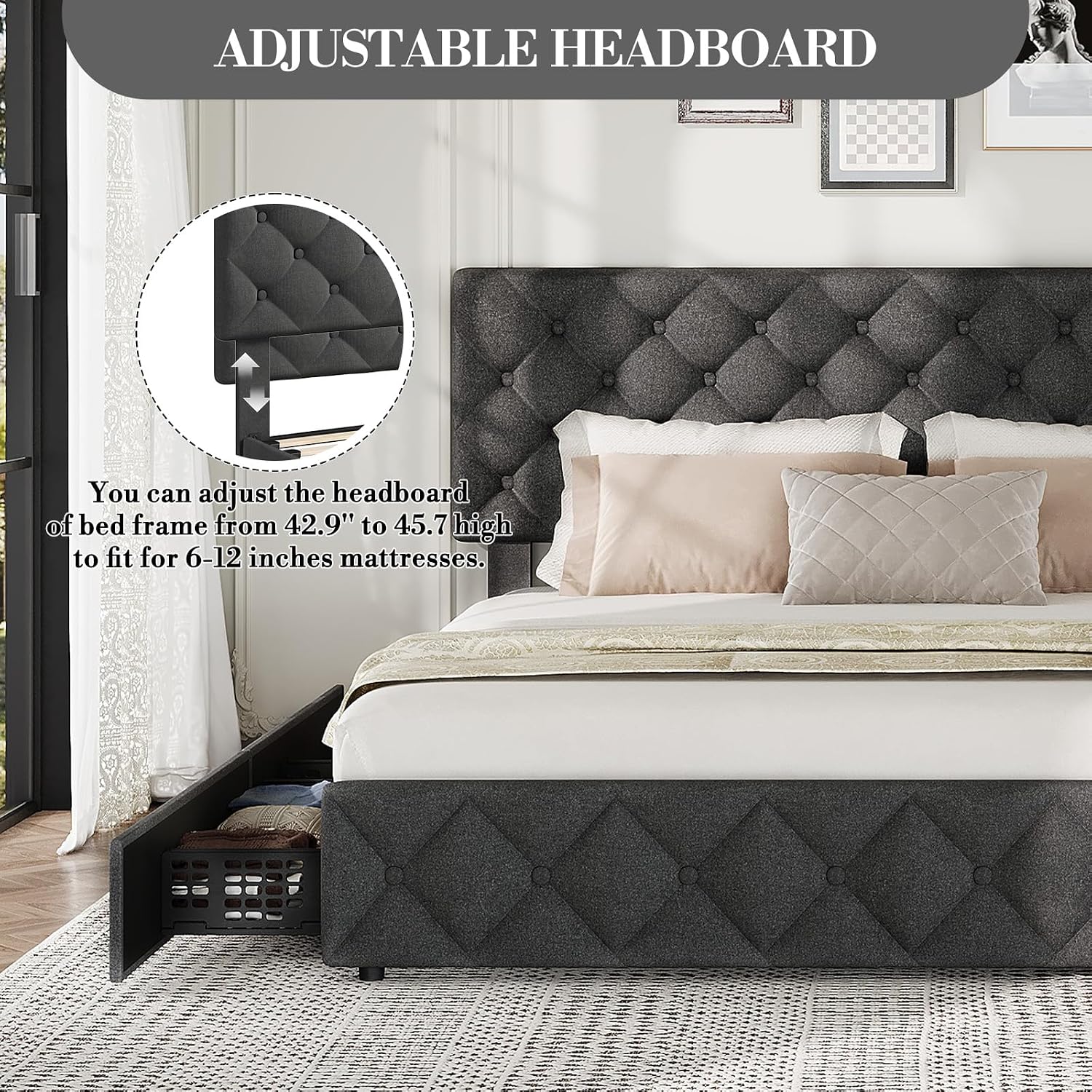 Full Size Bed Frame with 4 Storage Drawers & Headboard, Linen Upholstered Platform Bed Frame, Stylish Diamond Tufted Design, No Box Spring Needed | Grey