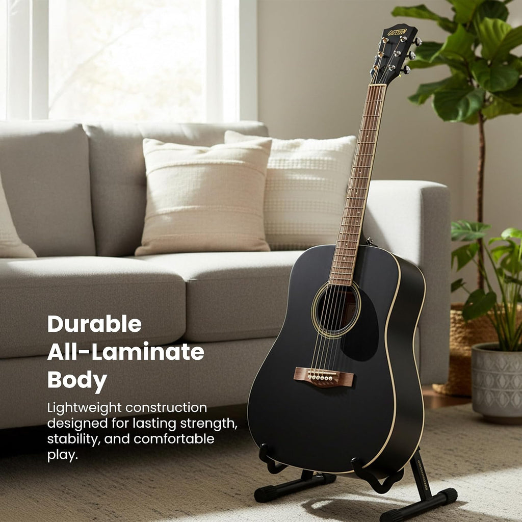 Gretsch Prelude D100 Dreadnought Acoustic Guitar - Black Bundle with Gig Bag, Strap, Strings, String Winder, Picks, Austin Bazaar Instructional DVD, and Polishing Cloth