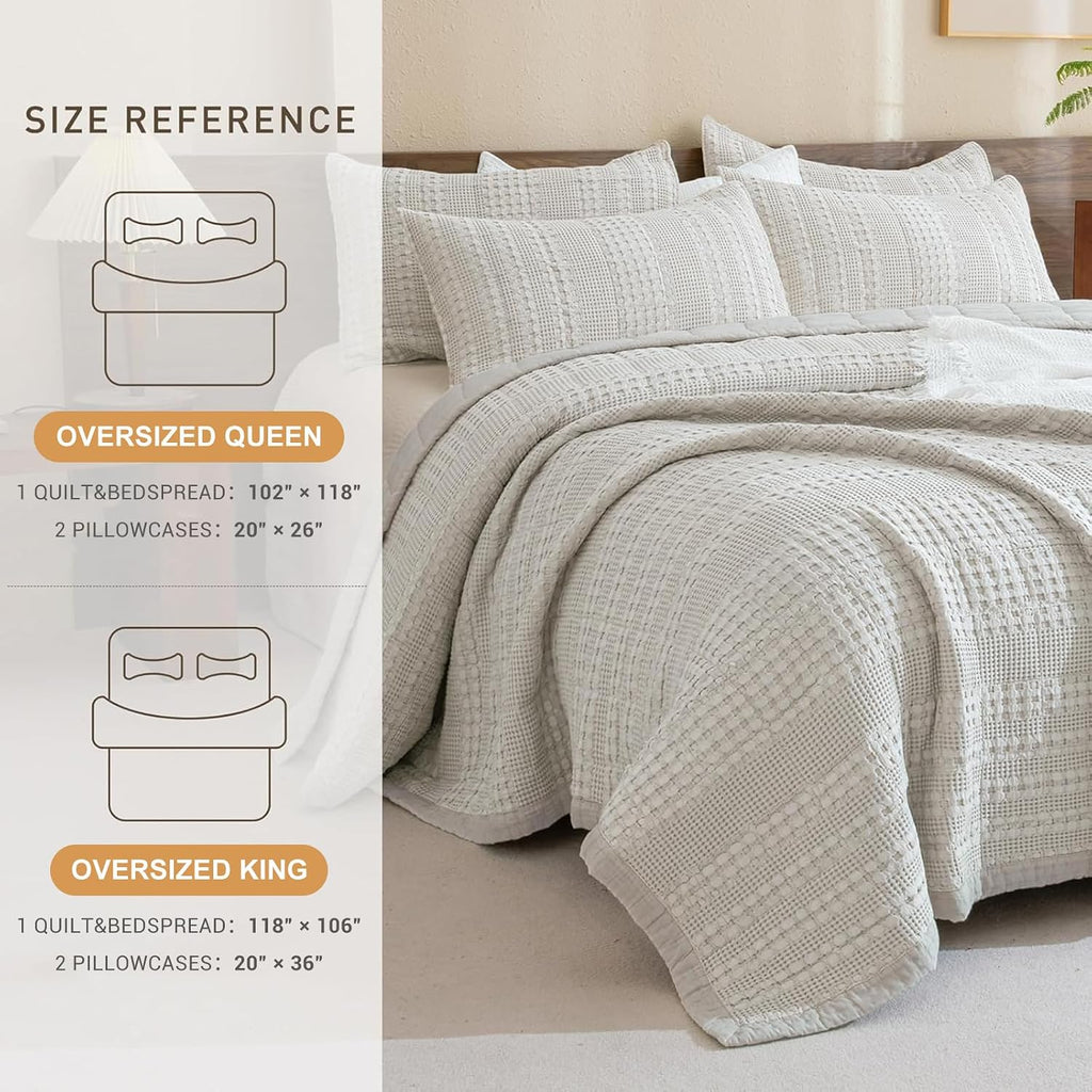 CozyTide Oversized Queen Bedspread(102'x118'),100% Cotton Waffle Khaki Lightweight Bedspreads & Coverlets Ultra Soft Farmhouse Oversized Queen Quilt Bedding Set for All Season