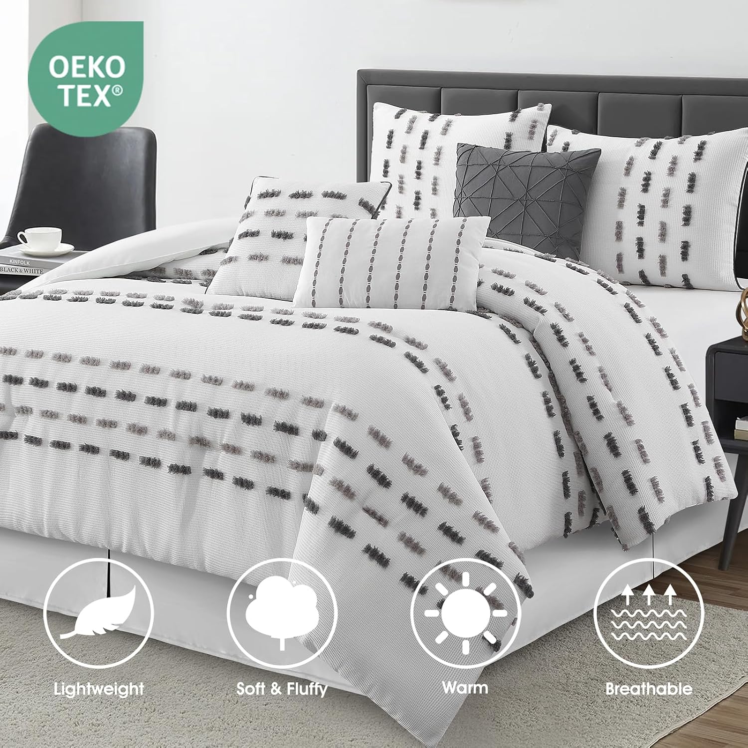 LANCO MODERN LIFESTYLE White Grey 7 Piece Comforter Set, California King, Clip Waffle Texture Stripe Design, Soft Polyester Bedding for All Seasons, Includes Bedskirt, Shams and Decorative Pillows