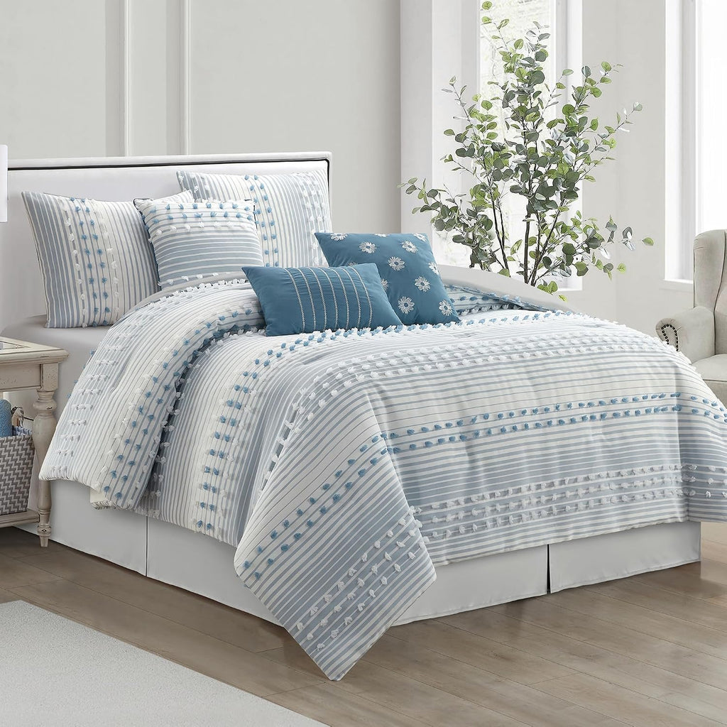 LANCO MODERN LIFESTYLE California King Comforter Set, Azure, Jaquard Clip Striped Design, Elegant Soft 7 Pieces Bedding Set for All Seasons, Matching Bedskirt, Pillow Shams and Decor Pillows