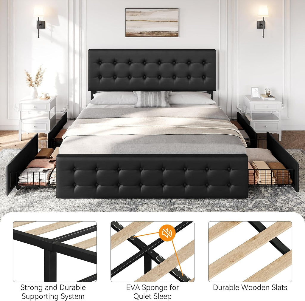 GAOMON King Size Bed Frame with 4 Drawers and Adjustable Headboard, PU Leather Upholstered Platform Bed with Button Tufted Design, No Box Spring Needed, Strong Wooden Slats, Black