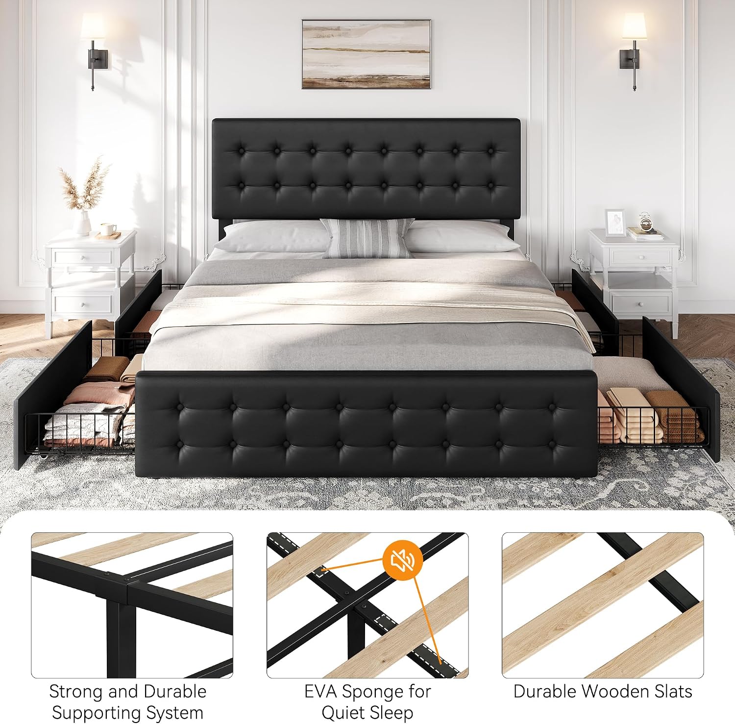 GAOMON King Size Bed Frame with 4 Drawers and Adjustable Headboard, PU Leather Upholstered Platform Bed with Button Tufted Design, No Box Spring Needed, Strong Wooden Slats, Black