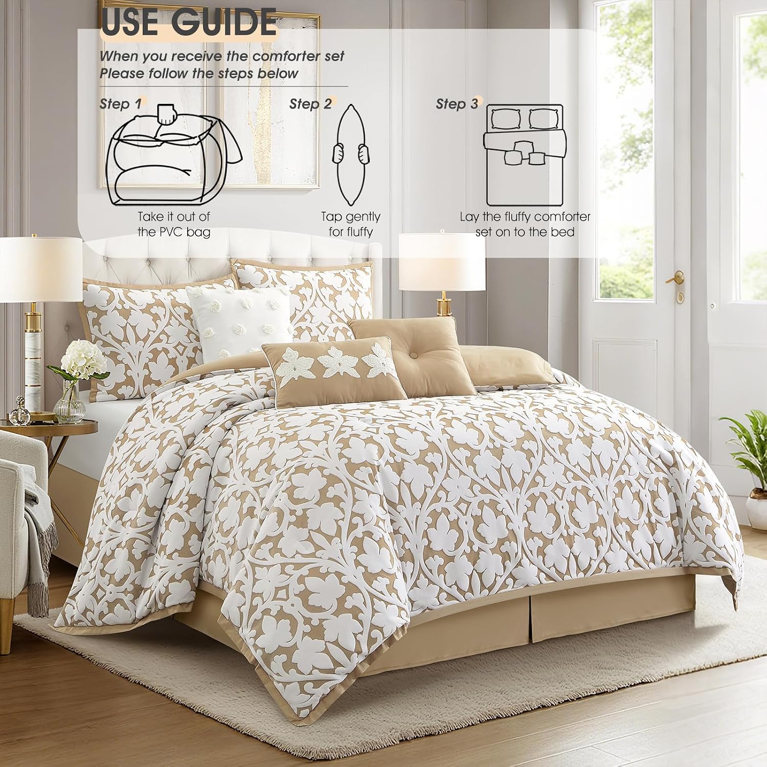 LANCO MODERN LIFESTYLE 7 Pieces Comforter Set, King, Khaki, Jacquard Floral Pattern and Classy Damask Medallion Design, Ultra Soft, Includes Bed Skirt, Shams, and Decorative Pillows