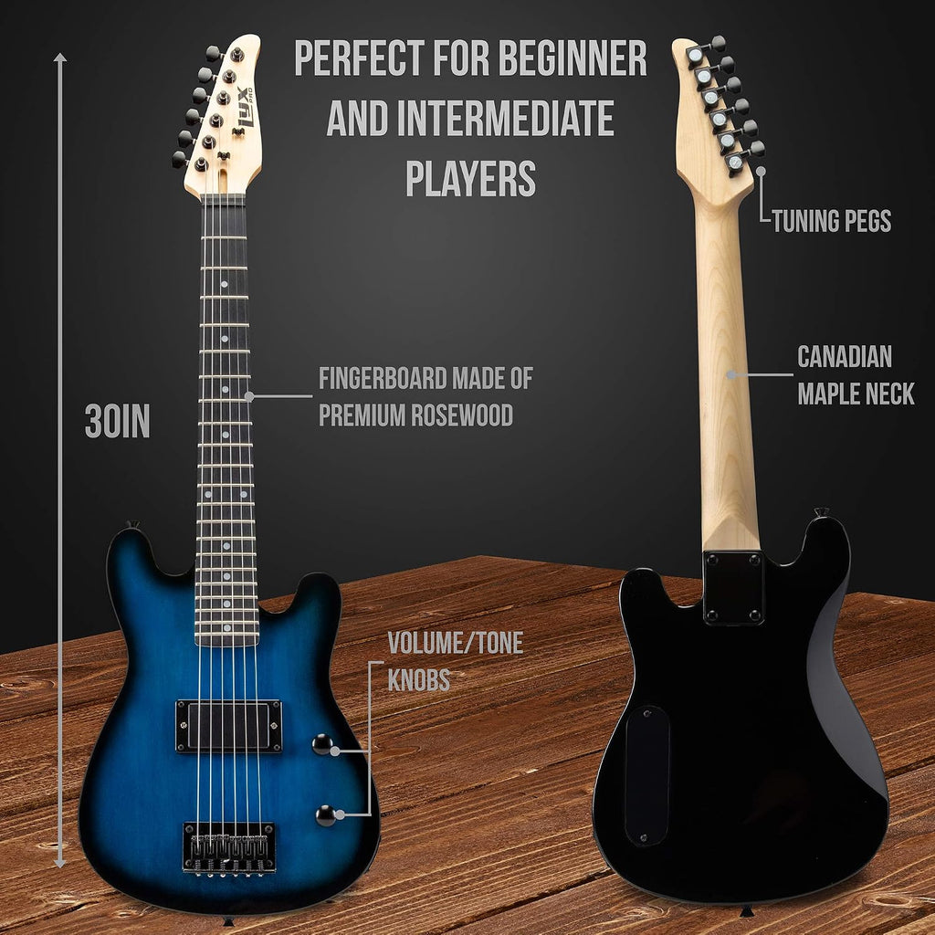LyxPro 30 Inch Electric Guitar and Starter Kit for Kids with 3/4 Size Beginner's Guitar, Amp, Six Strings, Two Picks, Shoulder Strap, Digital Clip On Tuner, Guitar Cable and Soft Case Gig Bag - Blue