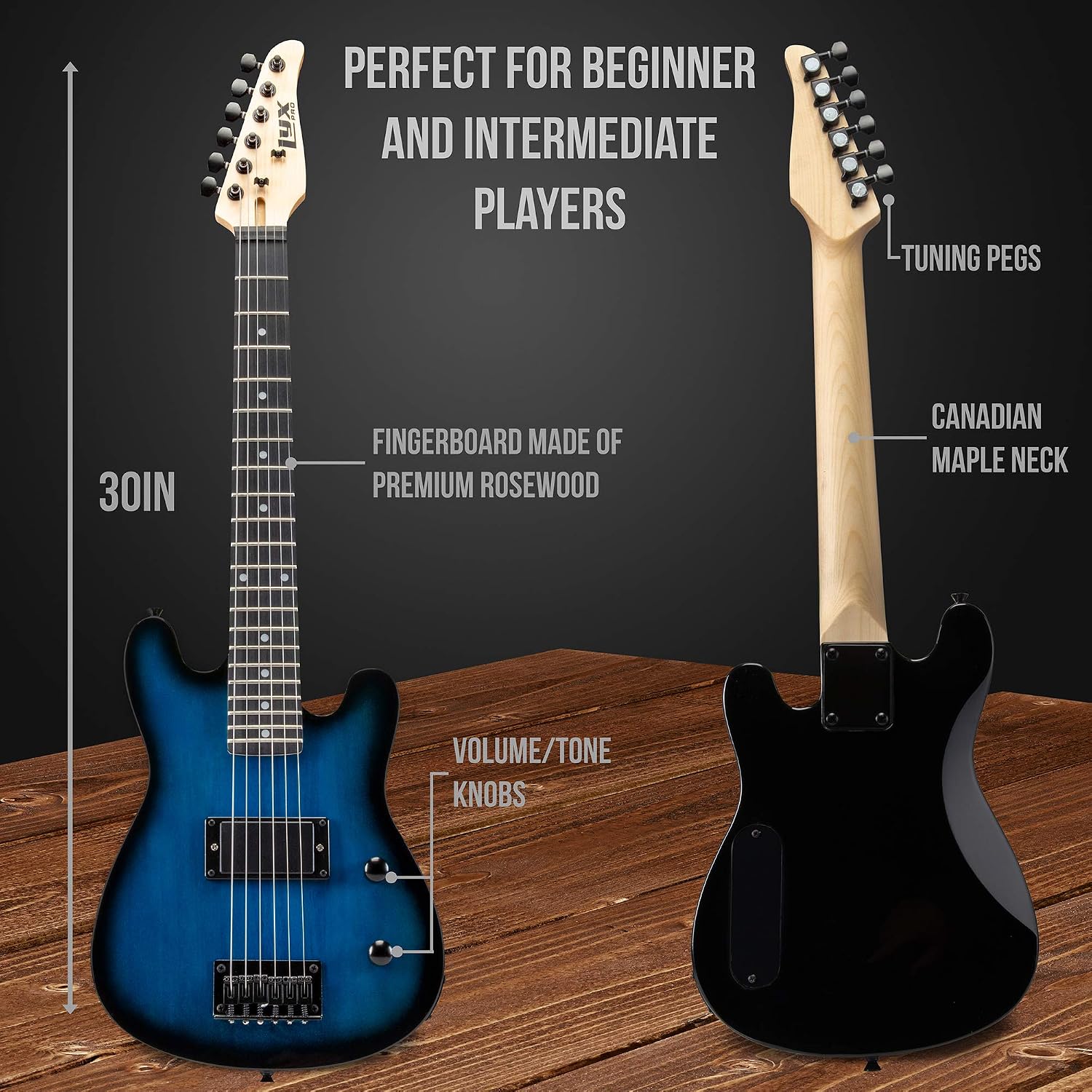 LyxPro 30 Inch Electric Guitar and Starter Kit for Kids with 3/4 Size Beginner's Guitar, Amp, Six Strings, Two Picks, Shoulder Strap, Digital Clip On Tuner, Guitar Cable and Soft Case Gig Bag - Blue