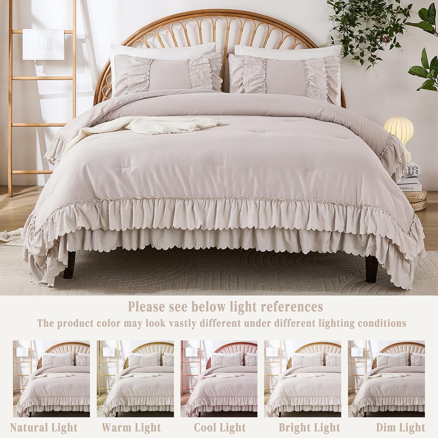 Herside Beige Cotton Ruffle Comforter King Size,2 Layers Ruffles Boho Bedding Set,3 Pcs Fluffy Vintage Comforter Farmhouse Soft and Cozy Lightweight Quilt Set for Women Home Decor