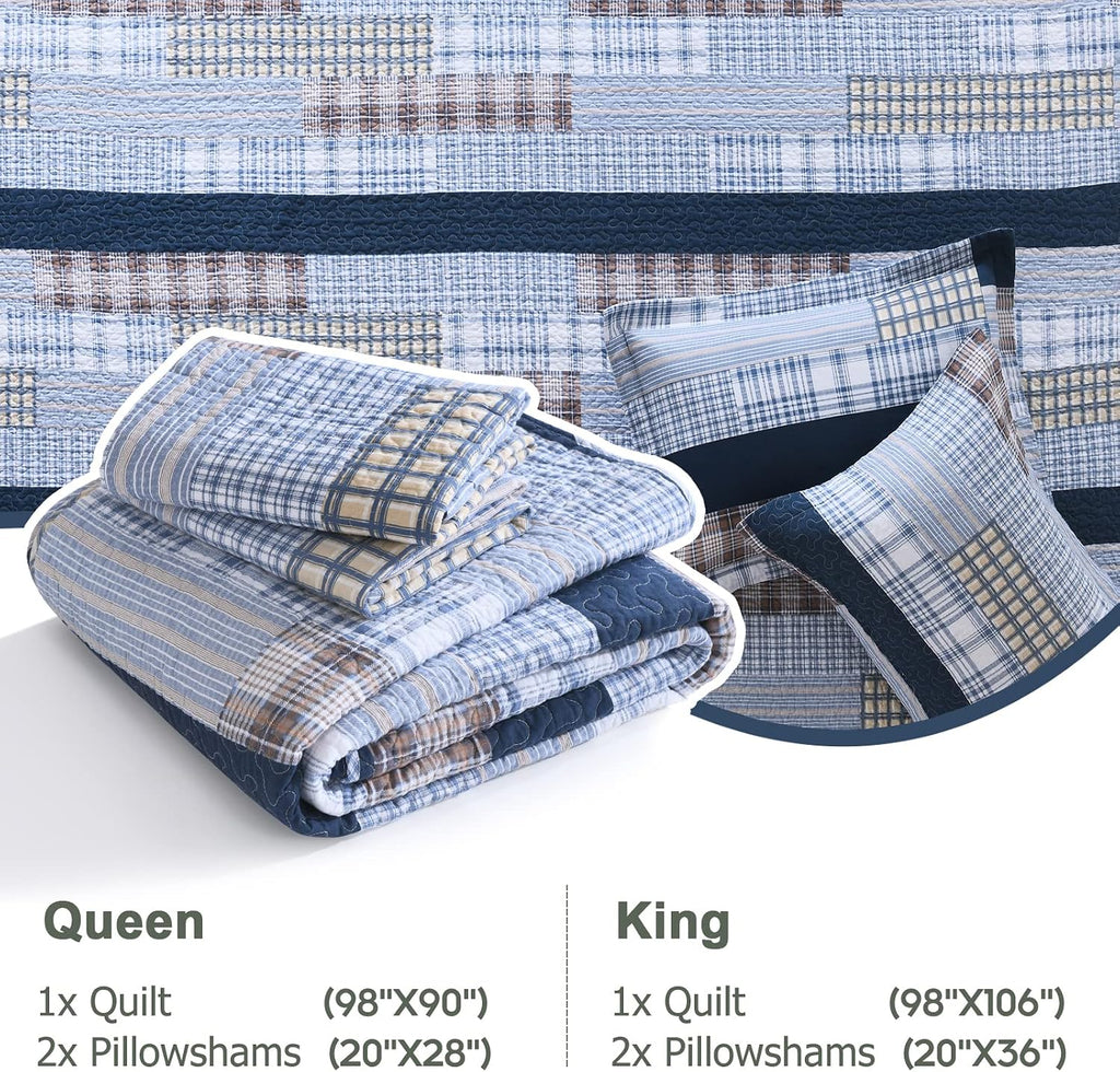 Finlonte Quilt King Size 100% Cotton King Size Quilts Blue Beige White Bedspreads Plaid Quilts Lightweight Soft Breathable Bedding Sets for All Season, 3 Piece