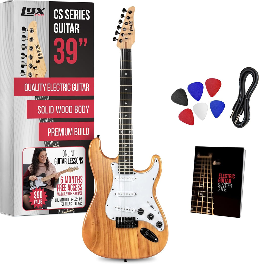 LyxPro CS 39' Electric Guitar Kit for Beginner, Intermediate & Pro Players with Guitar, Amp Cable, 6 Picks & Learner's Guide | Solid Wood Body, Volume/Tone Controls, 5-Way Pickup - Natural