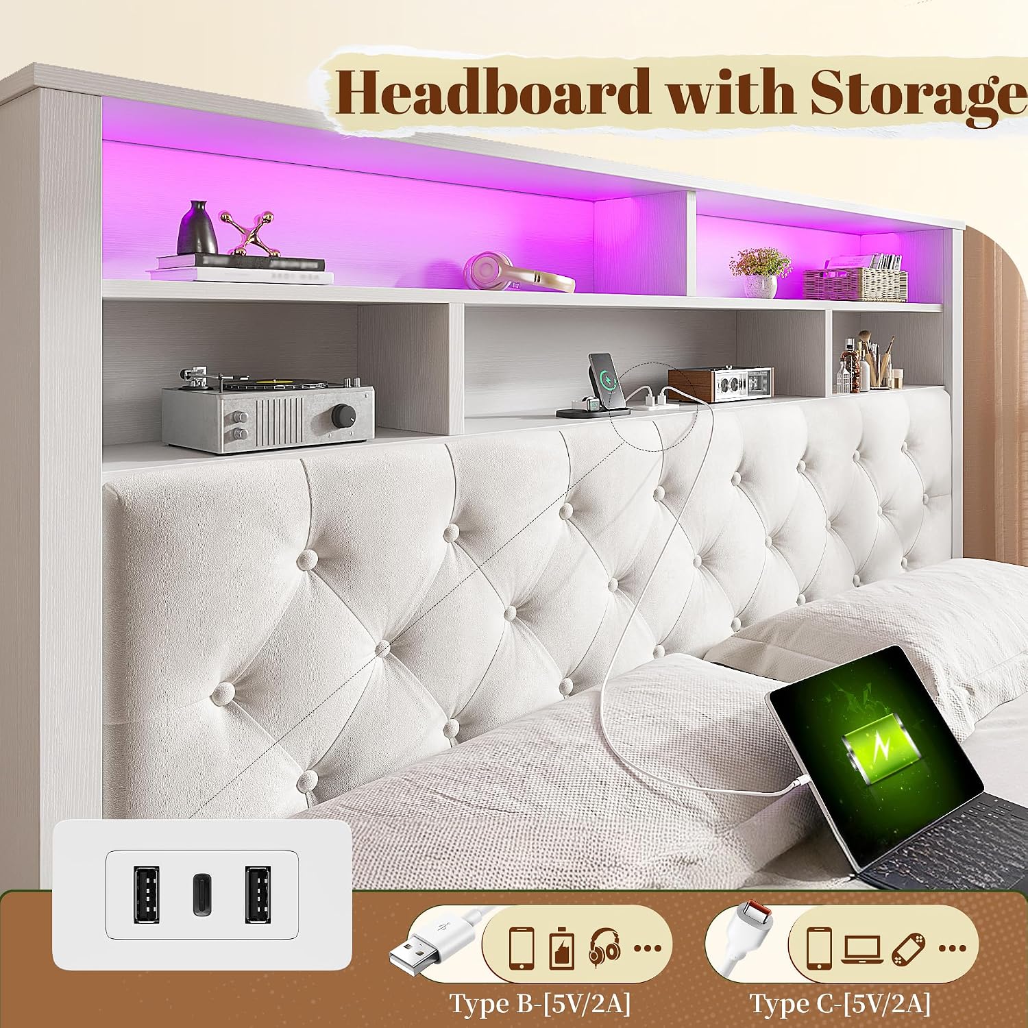 EnHomee Queen Bed Frame with Storage Headboard & 4 Drawers,Wooden Bed Frame Queen Size with Charging Station & LED Lights Upholstered,NO Noise,No Box Spring Needed,Beige