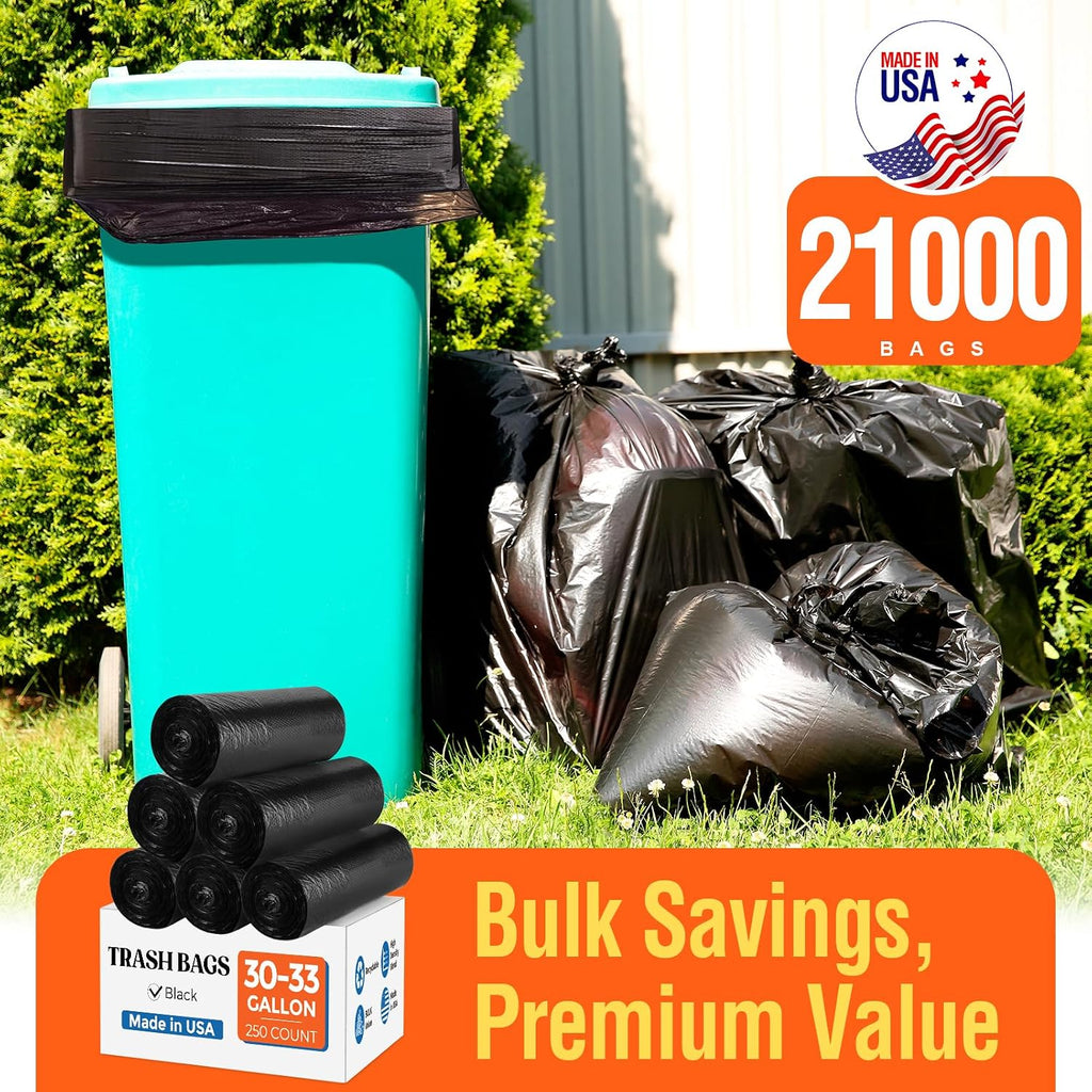 Delxo 30-33 Gallon Trash Bags, 21000 Count – 0.6 Mil Medium Duty Garbage Bags, Durable Plastic Bolsas para basura, Perforated Design– Made in USA for Kitchen, Yard, Office (Black)