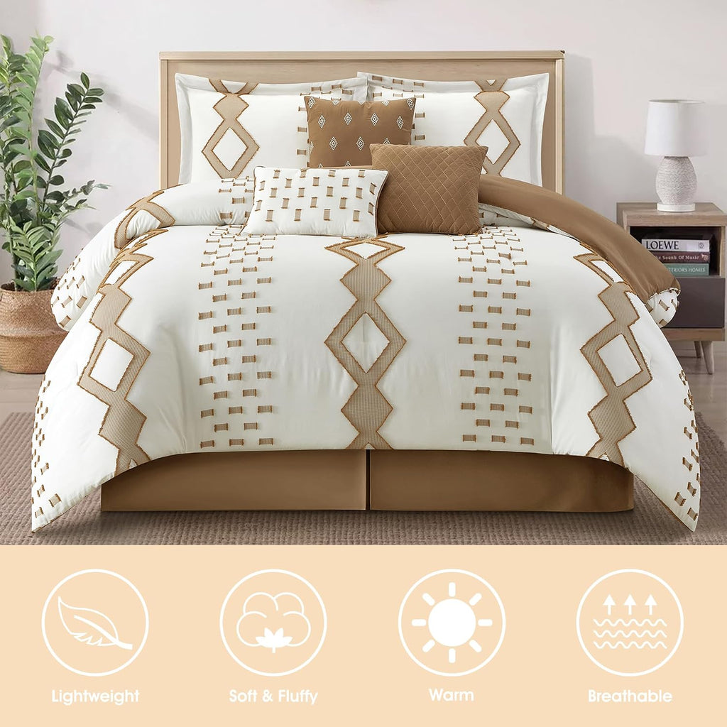 LANCO MODERN LIFESTYLE 7 Piece Taupe and White Comforter Set, King, Boho Home Decor, Geometric Clip Pattern Bedding Set for All Seasons, Bed in a Bag, Bedskirt, Shams and Decorative Pillows