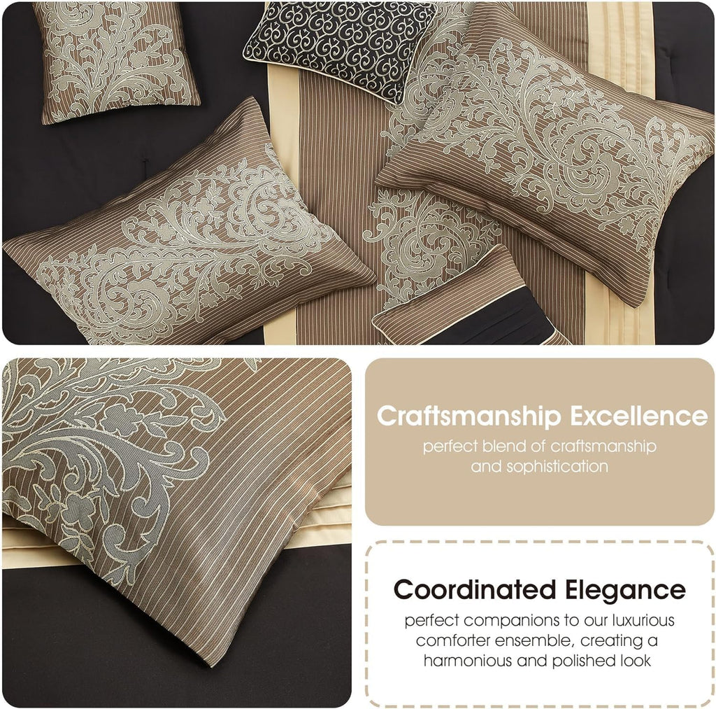 Stratford Park Black/Gold Comforter Set Queen Size, 7 Piece, Bedding Comforters & Sets, Pillow Shams Bedskirt, Jacquard Bedding Set, All Season