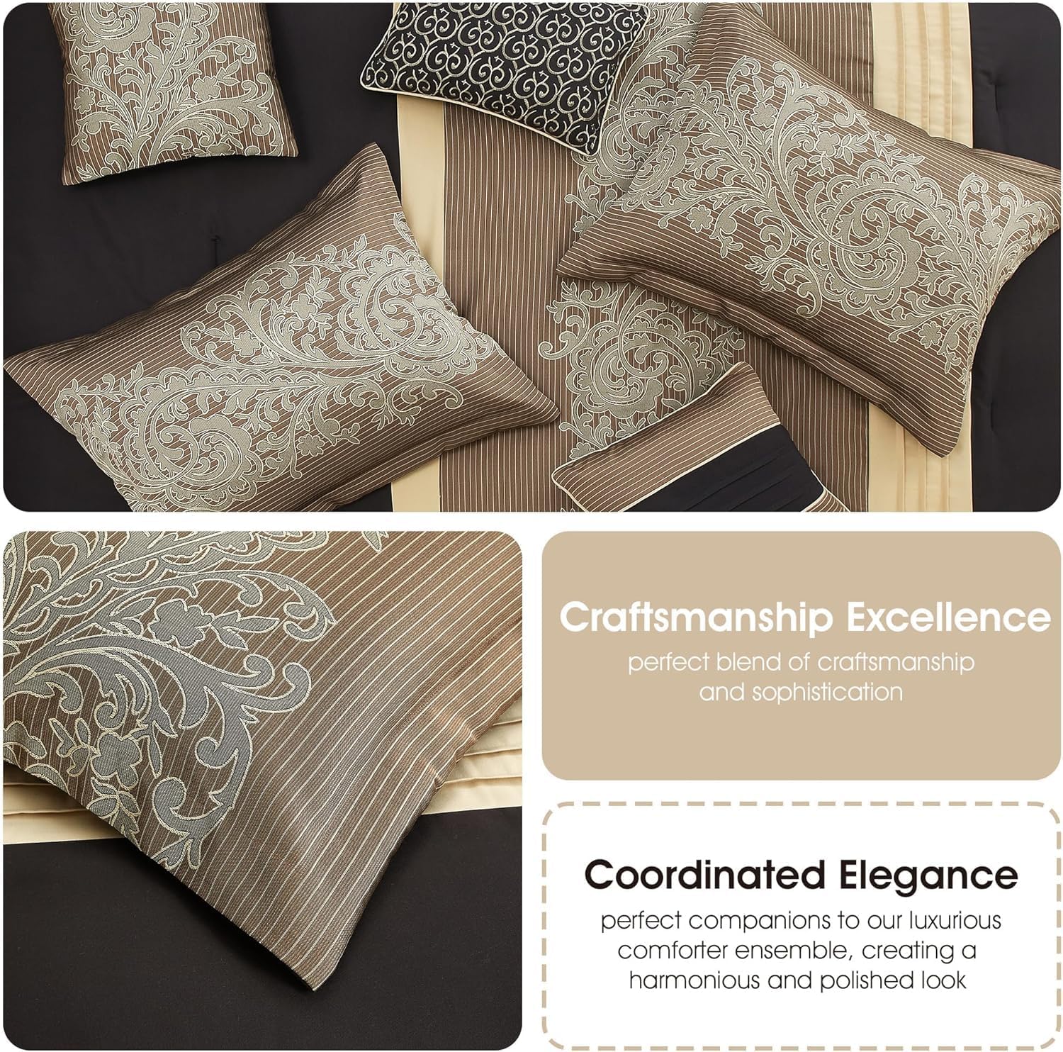 Stratford Park Black/Gold Cal King Comforter Set, 7 Piece, Bedding Sets & Collections, Pillow Shams Bedskirt, Jacquard Comforters, All Season