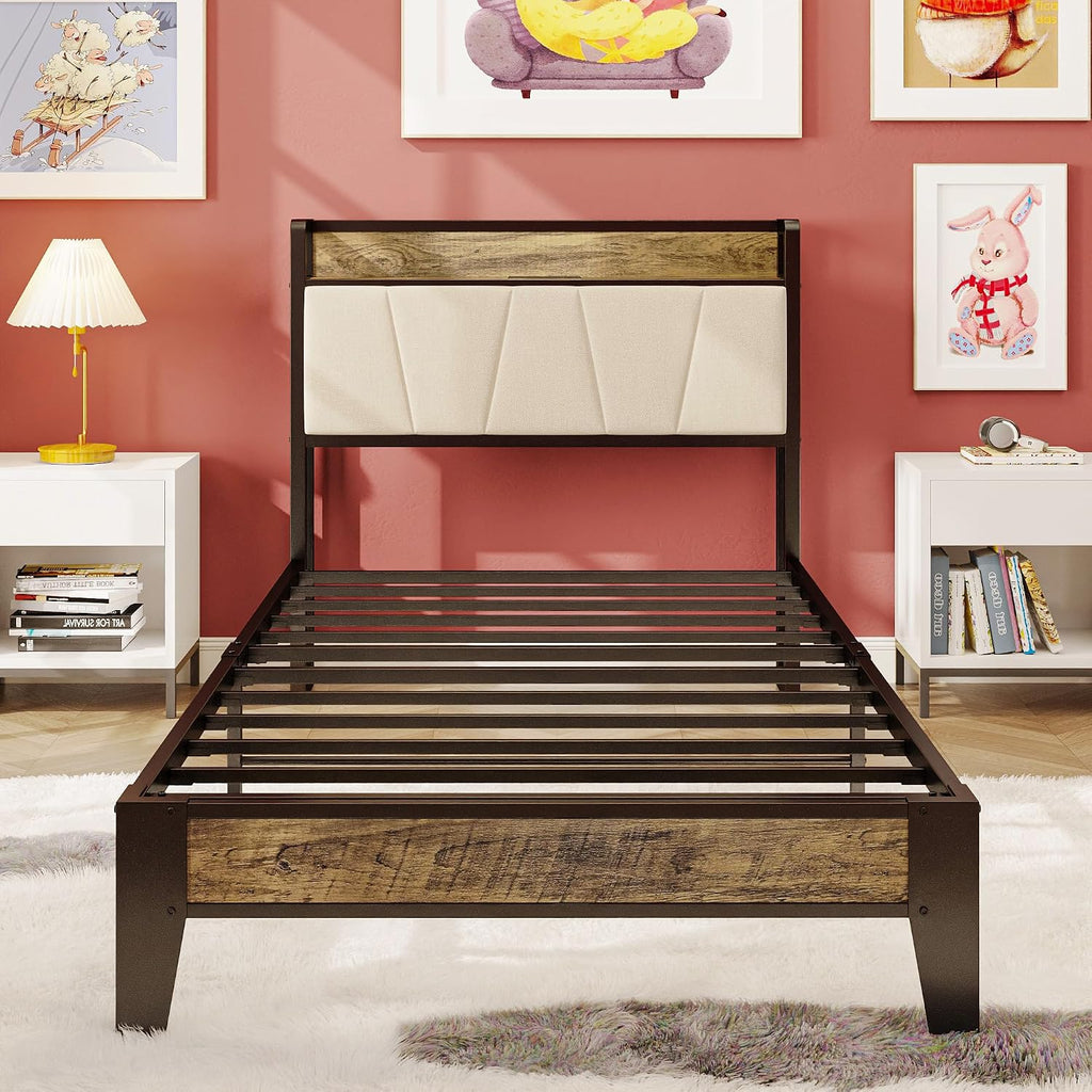 LIKIMIO Twin XL Bed Frames, Storage Headboard with Charging Station, Solid and Stable, Noise Free, No Box Spring Needed, Easy Assembly (Walnut and Beige)