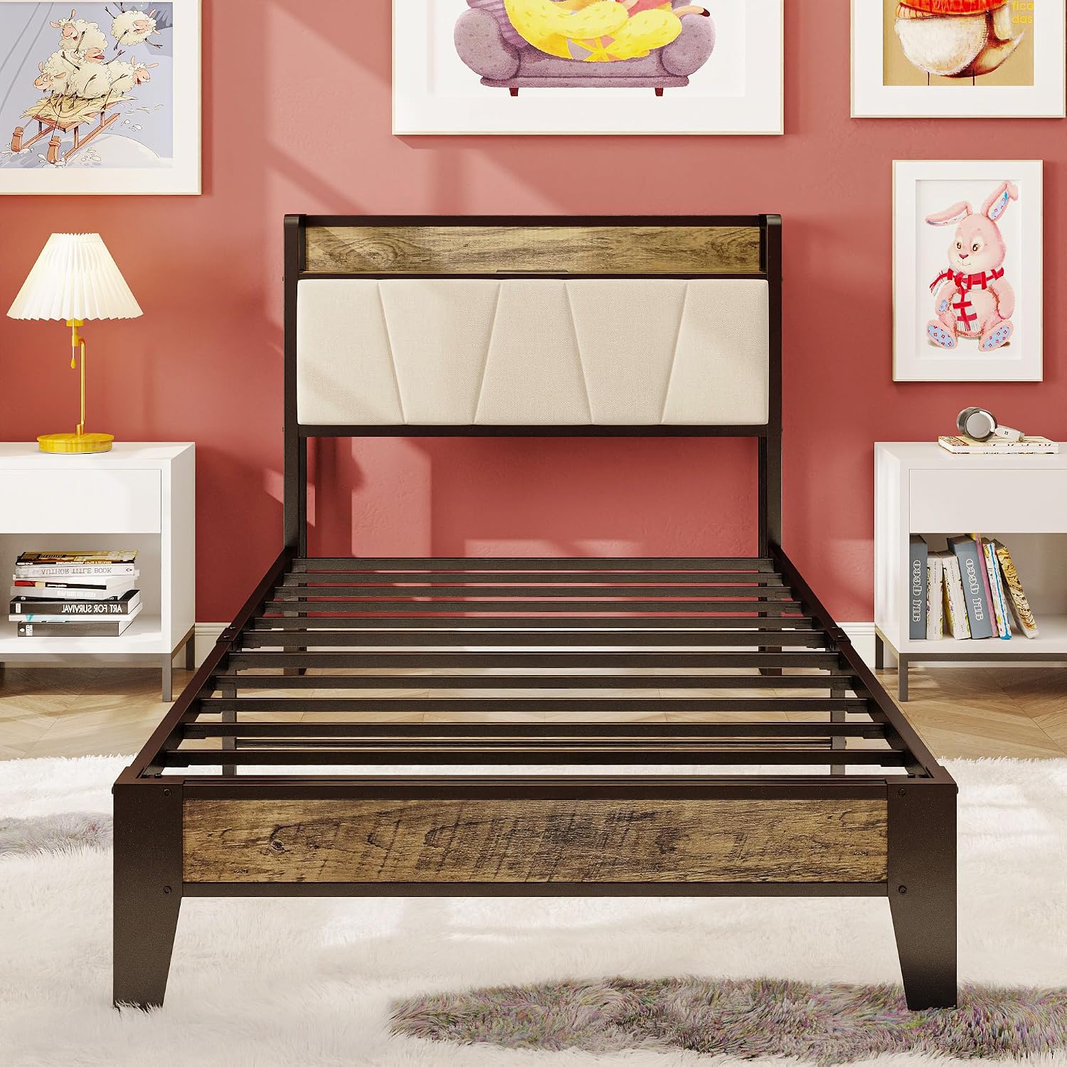 LIKIMIO Twin XL Bed Frames, Storage Headboard with Charging Station, Solid and Stable, Noise Free, No Box Spring Needed, Easy Assembly (Walnut and Beige)