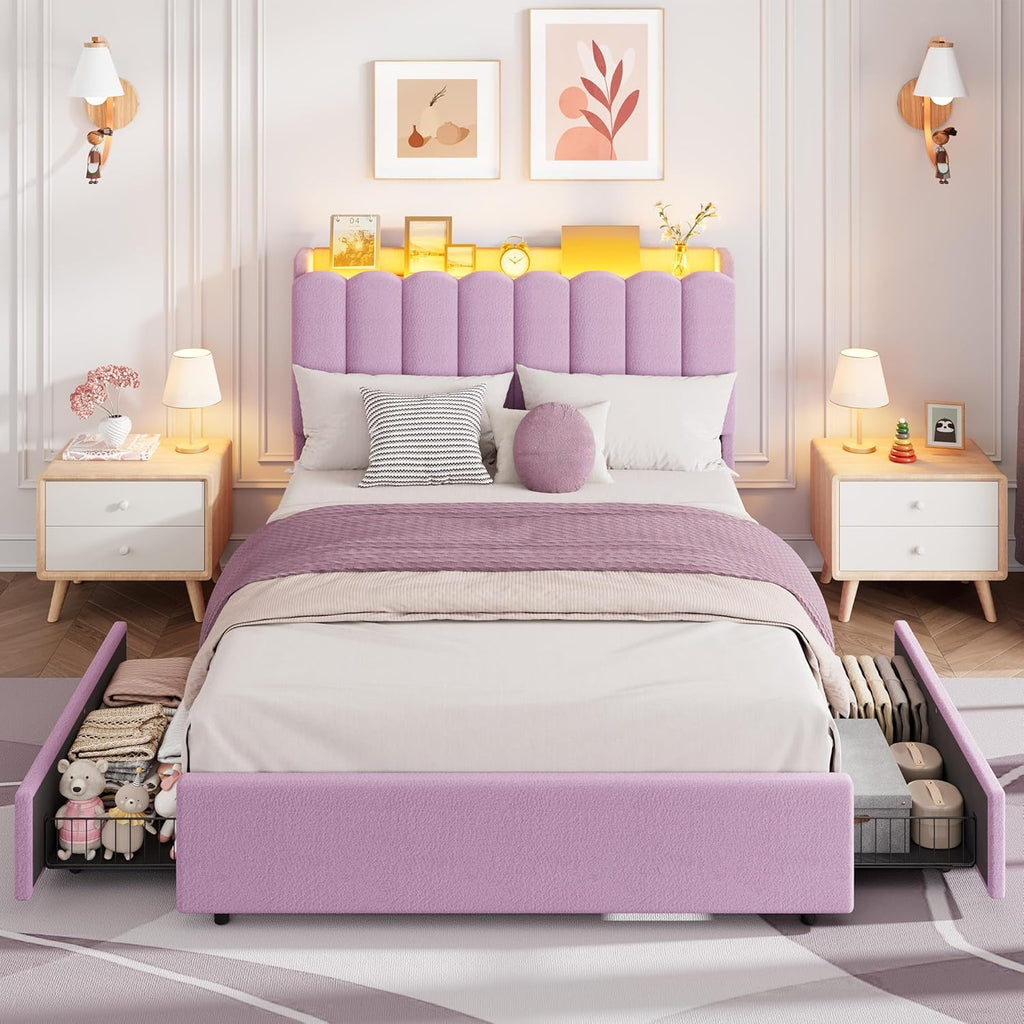 Garvee LED Full Size Bed Frame with Storage Headboard, Kids Bed Frame with 2 Drawers, Boucle Upholstered Platform Bed for Girls, Chic Wavy Headboard with Bookcase, No Box Spring Needed, Purple