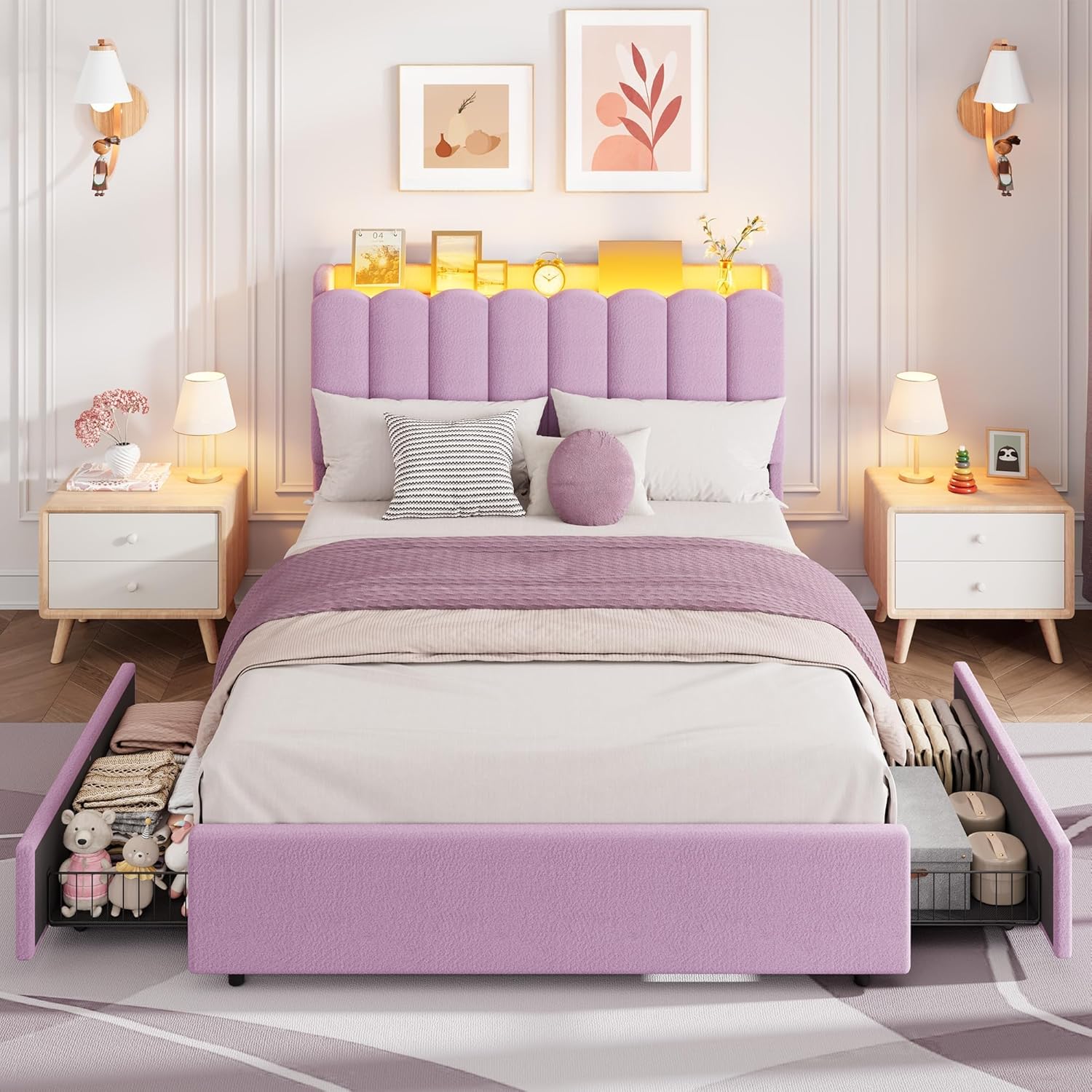 Garvee LED Full Size Bed Frame with Storage Headboard, Kids Bed Frame with 2 Drawers, Boucle Upholstered Platform Bed for Girls, Chic Wavy Headboard with Bookcase, No Box Spring Needed, Purple