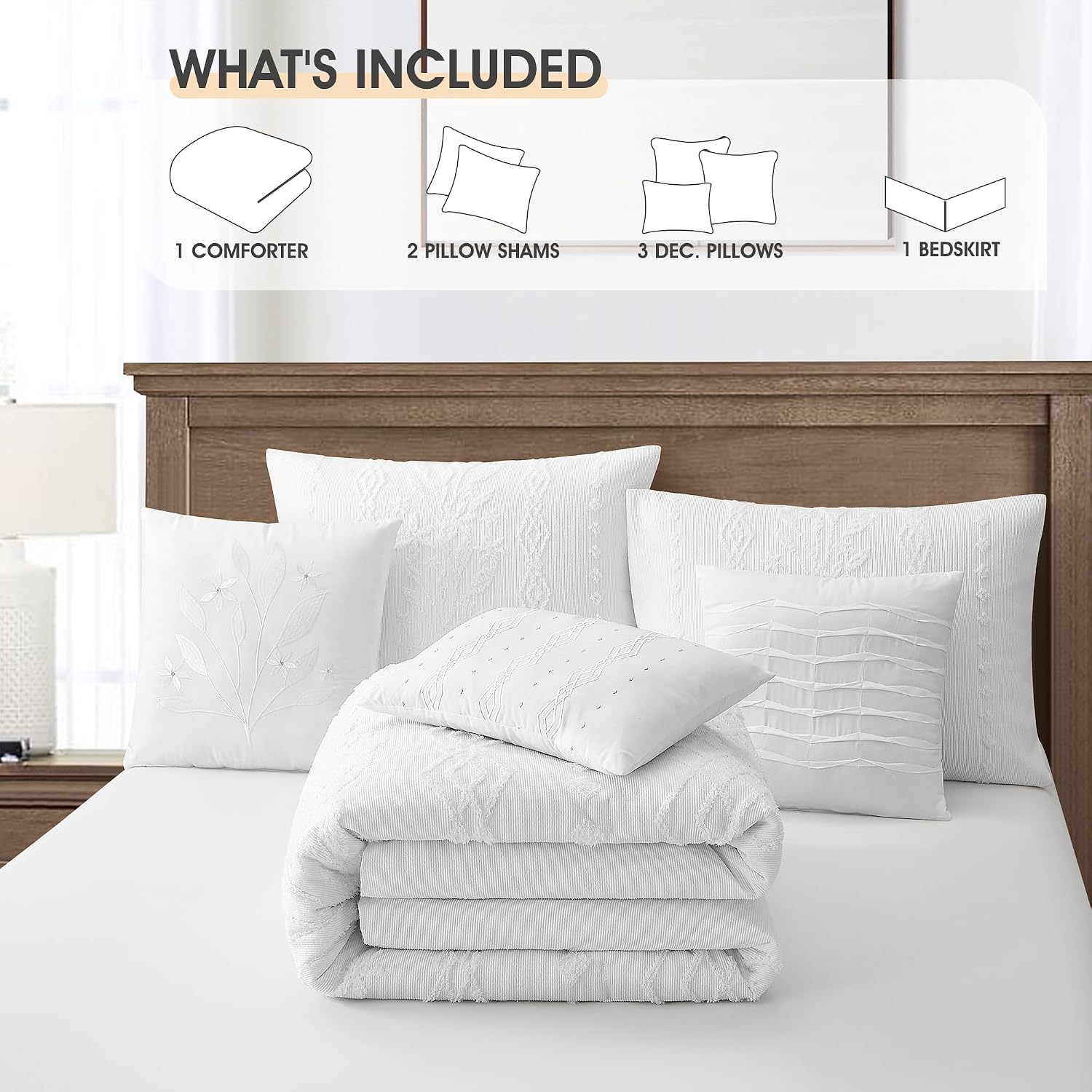 LANCO MODERN LIFESTYLE White Comforter Set, Queen Size, 7 Pieces Jacquard Boho Bedding Set for All Seasons, Ultra Soft and Fluffy, Matching Pilllow Shams, Bedskirt and Decor Pillows