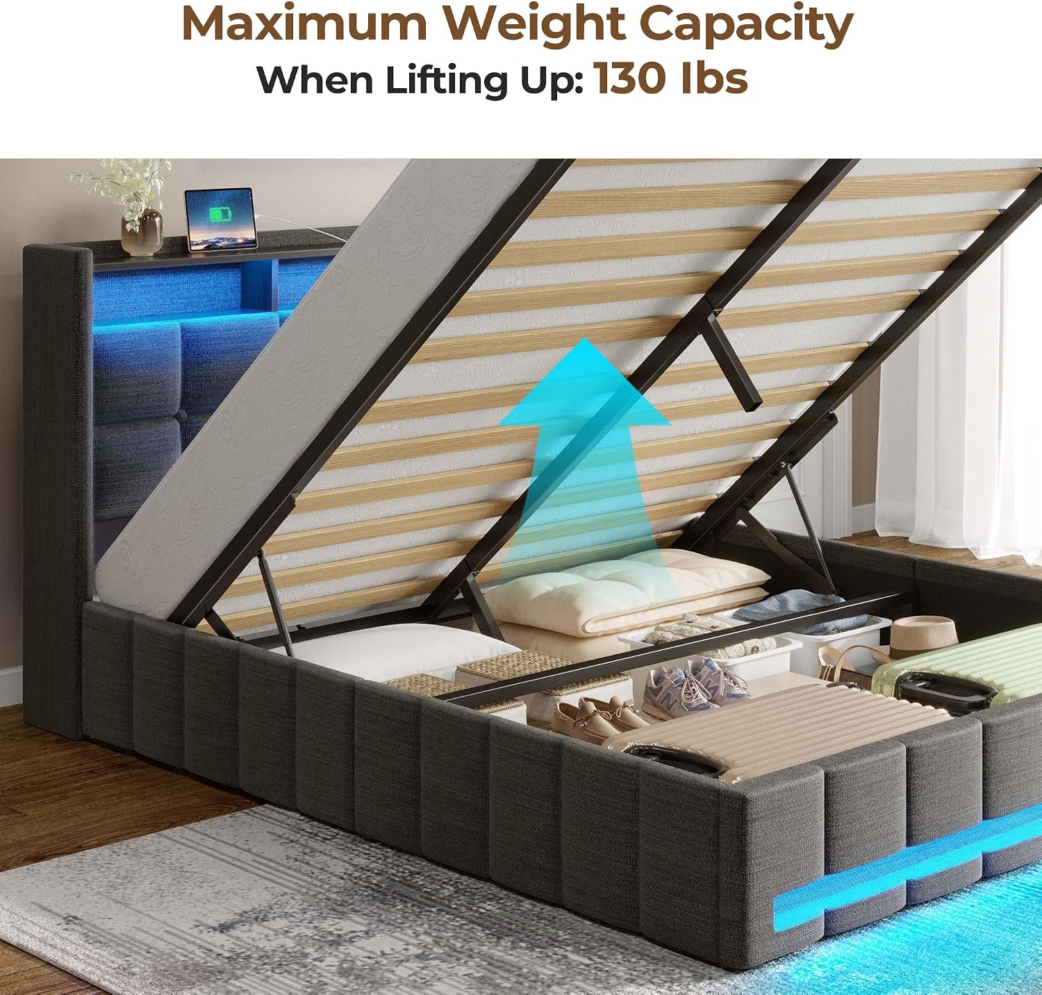 Rolanstar Bed Frame Full Size with Lift Up Storage, Charging Station & LED Lights, Upholstered Storage Headboard, Heavy Duty Wooden Slats, No Box Spring Needed, Noise Free, Easy Assembly, Dark Grey
