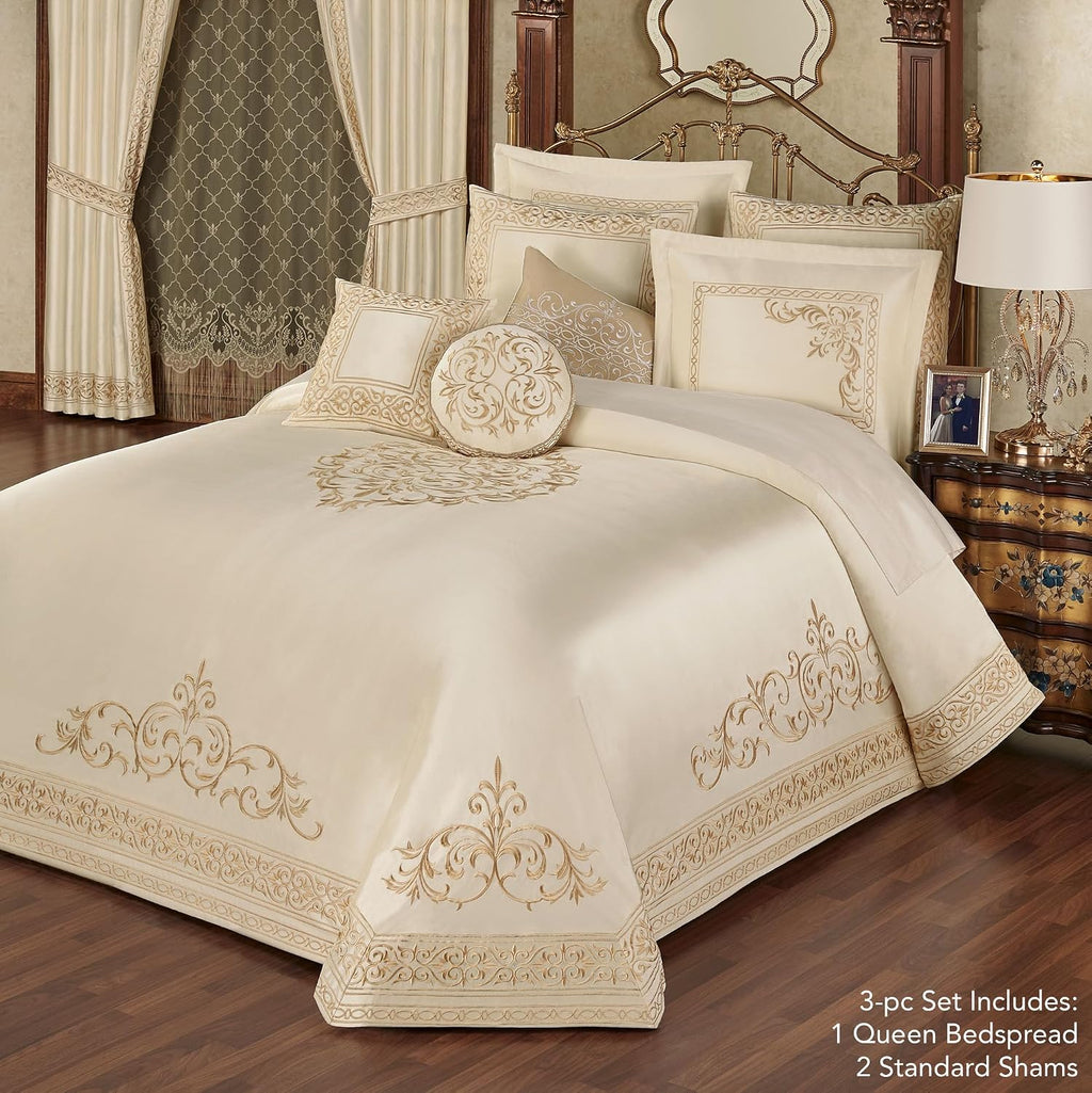 Touch of Class Versailles Luxury Bedding | Classic Neutral Pearl | Palace-Inspired French Style Golden Scrollwork Embroidery on Sateen | Designed 3 Piece Set: Queen Bedspread & 2 Standard Shams