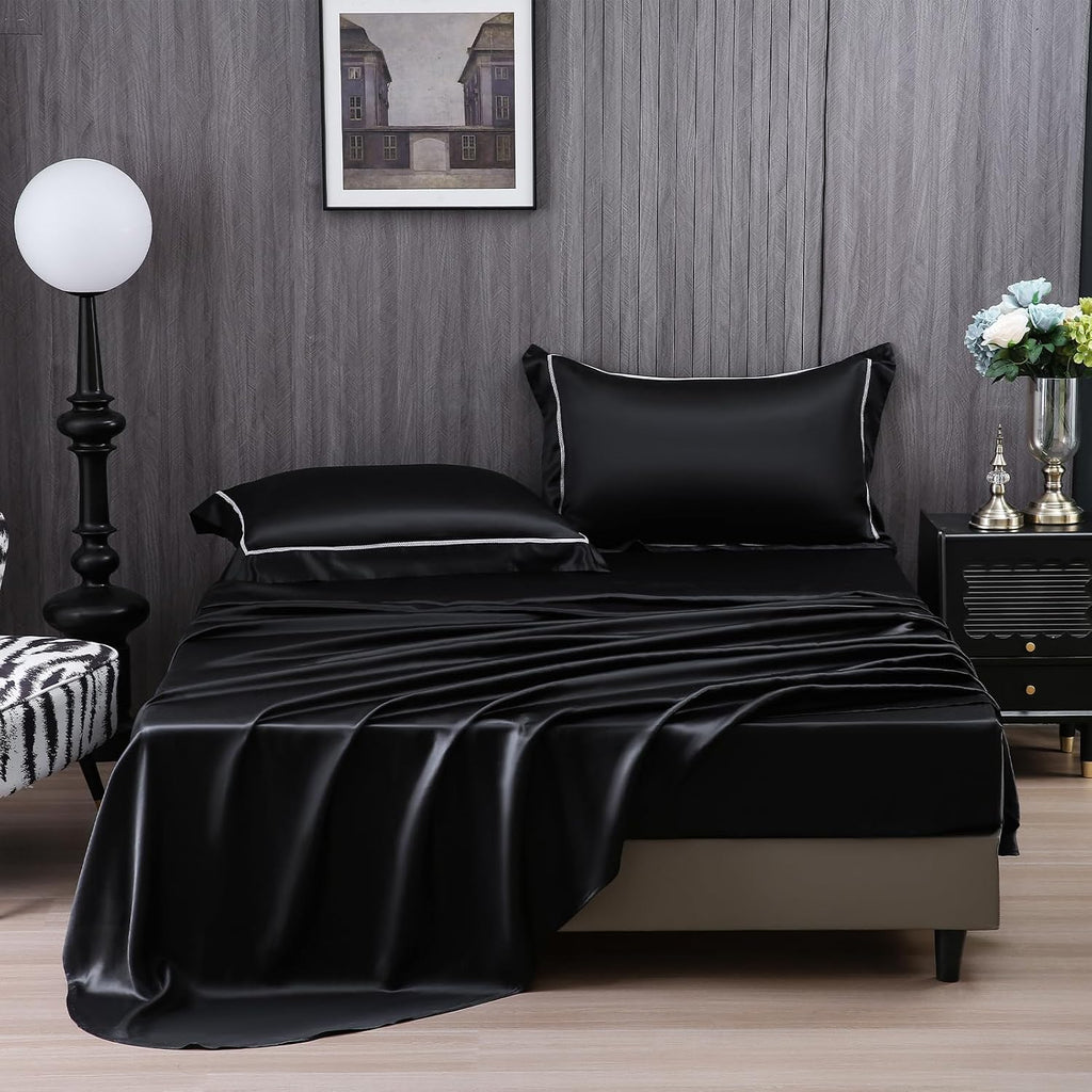 YOUR MOON 100% Mulberry Silk Sheets Set King Size 4 Pcs, 25 Momme Mulberry Silk Bed Sheets, Ultra Soft Luxury Bedding Sets, 1 Fitted Sheet, 1 Flat Sheet, 2 Pillow Shams (Black)