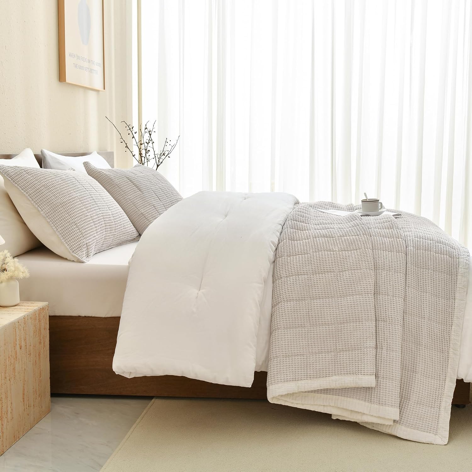 CozyTide King Size Quilt(110x98 Inch),100% Cotton Light Khaki King Quilt Bedding Set,Vintage Farmhouse Boho Lightweight Waffle Bedspread Ultra Soft