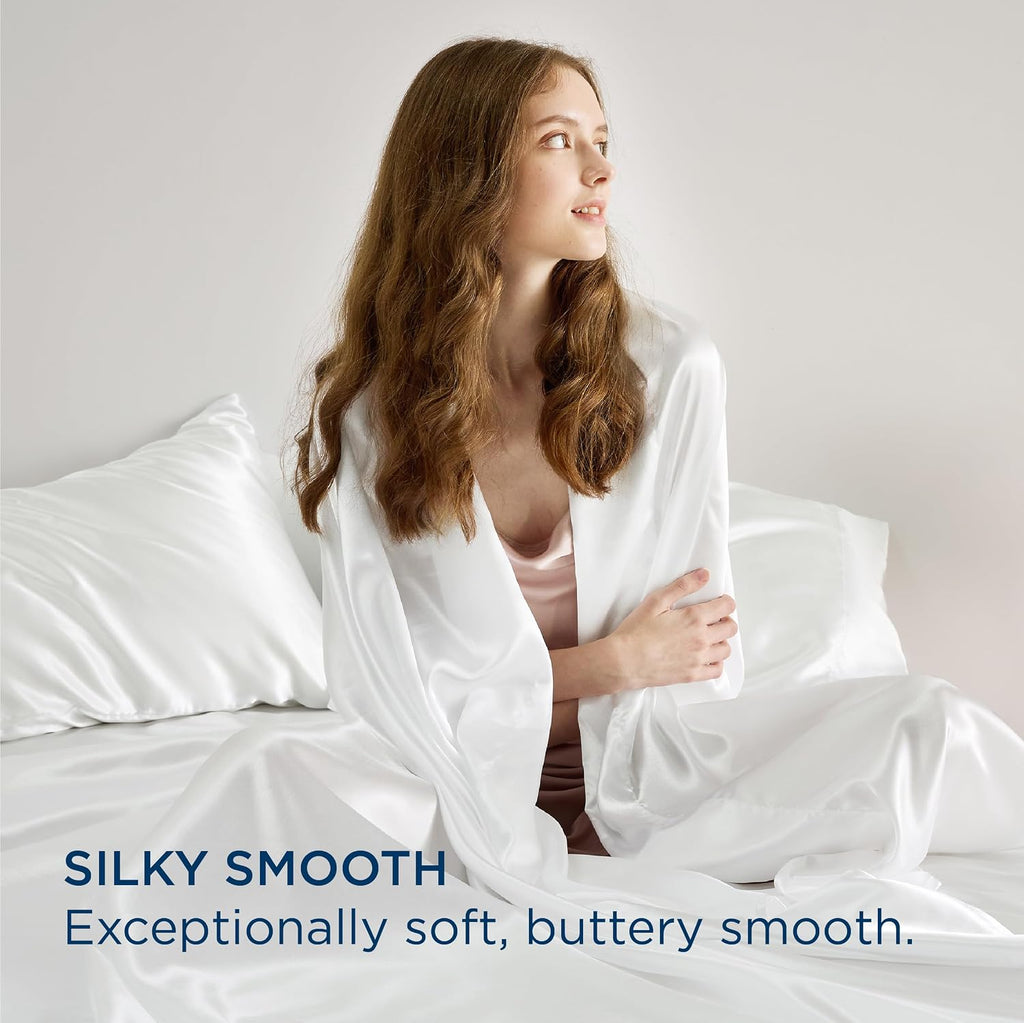 Twin Size 4-Piece Sheet Set Premium 30 Momme Mulberry Silk Bed Sheets Set Fits 23-26' Deep Pocket (Solid, White)