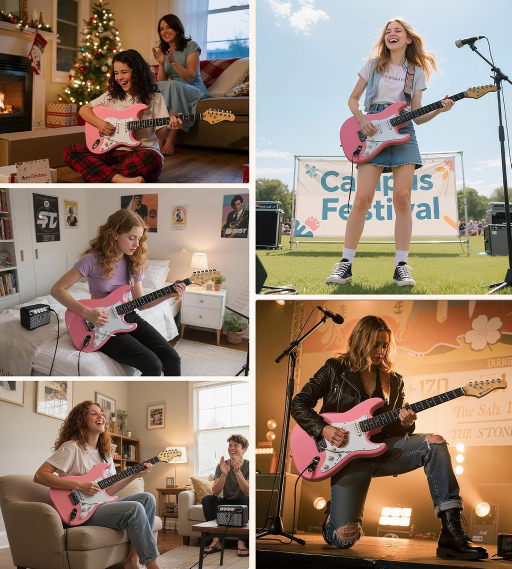 Vangoa 39 Inch Full Size Electric Guitar Beginner Kit Solid Body Pink SSS Pickups with Amp, Bag, Tremolo Bar, Strings, Tuner, Picks, Strap, Capo, Cable for Starter Girls Adults Teens