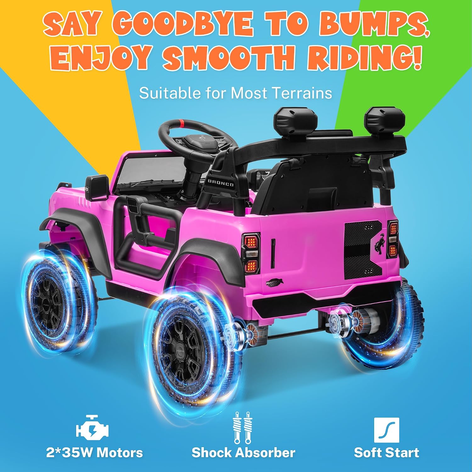 ENYOPRO 12V Licensed Ford Bronco Raptor Ride on Toys, Kids Electric Car w/Parental Remote Control, Spring Suspension, Soft Start, Bluetooth, LED Lights, Gift for Girls & Boys Ages 3-6 (Pink)