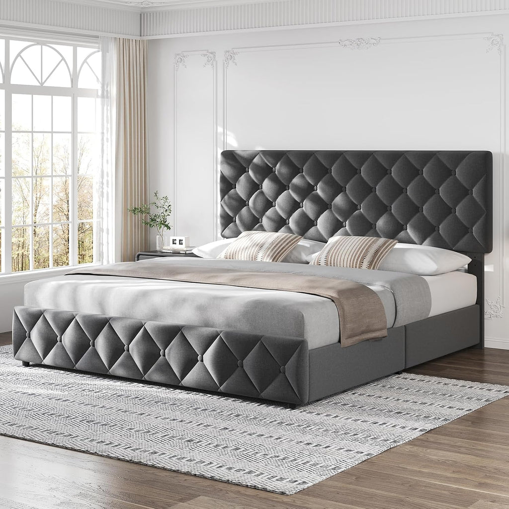 King Size Bed Frame with 4 Storage Drawers & Headboard, Linen Upholstered Platform Bed Frame, Stylish Diamond Tufted Design, No Box Spring Needed | Grey