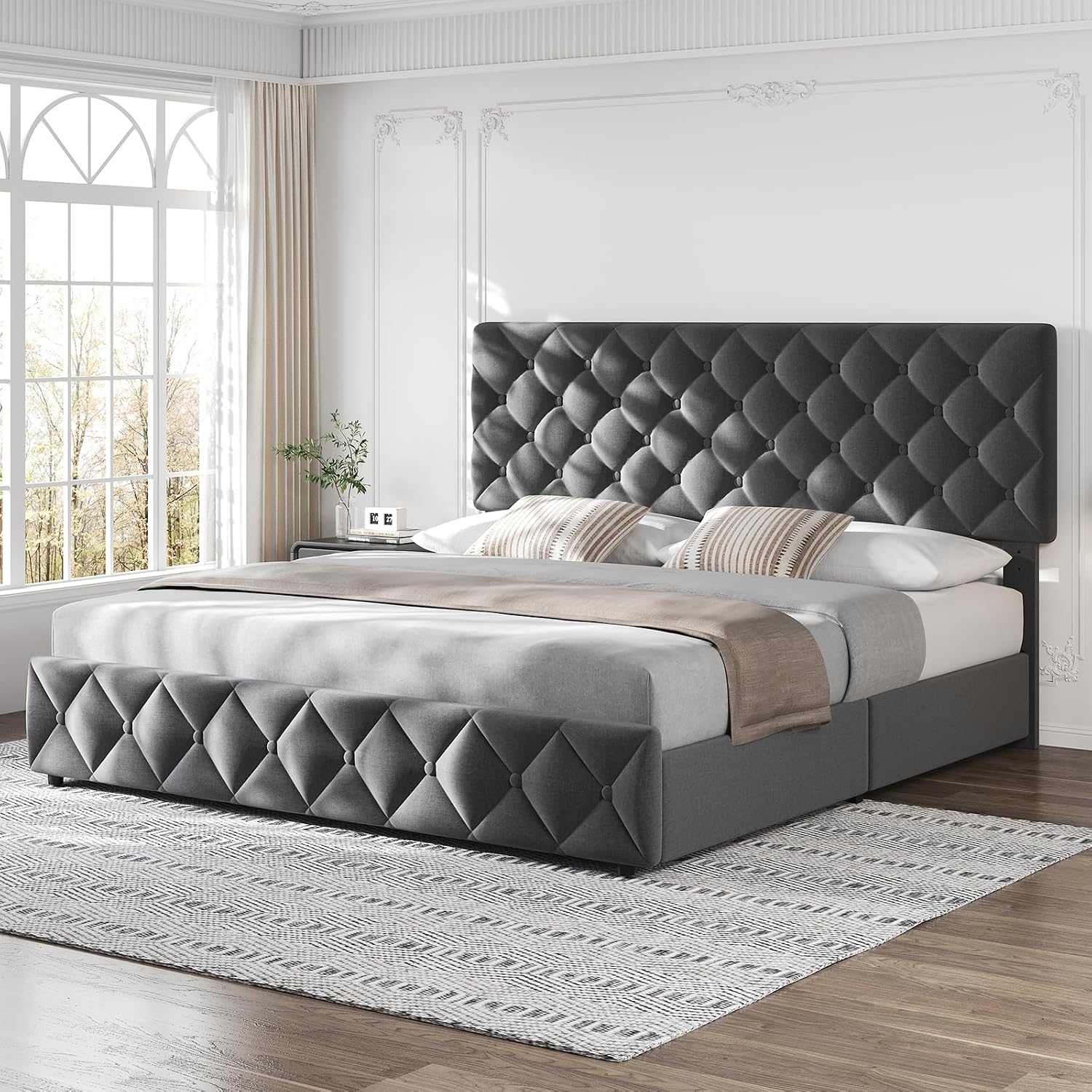 King Size Bed Frame with 4 Storage Drawers & Headboard, Linen Upholstered Platform Bed Frame, Stylish Diamond Tufted Design, No Box Spring Needed | Grey