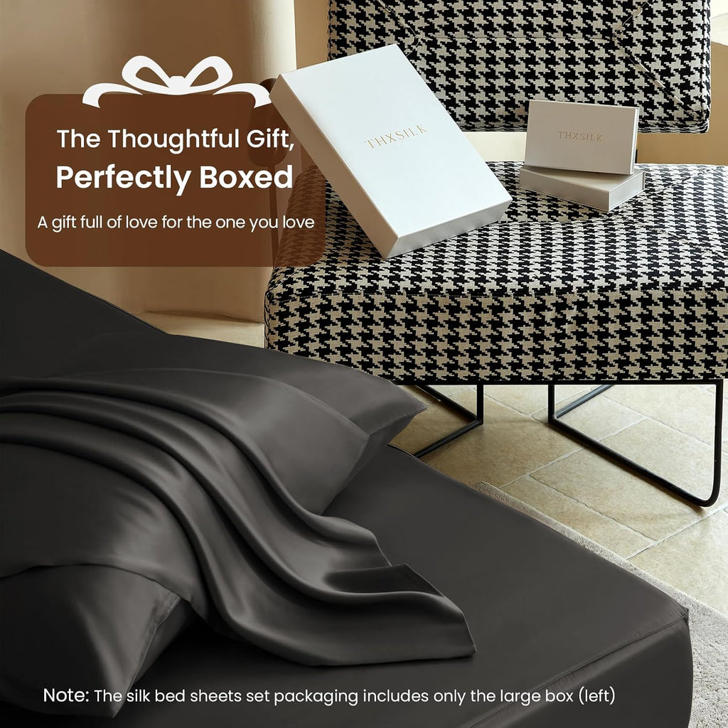 THXSILK Luxury Mulberry Silk Bed Sheets Set - 4pcs Silk Sheets Set 16' Deep Pocket - 1 Fitted Sheet, 1 Flat Sheet, 2 Pillowcases with Zipper Closure - Full, Black