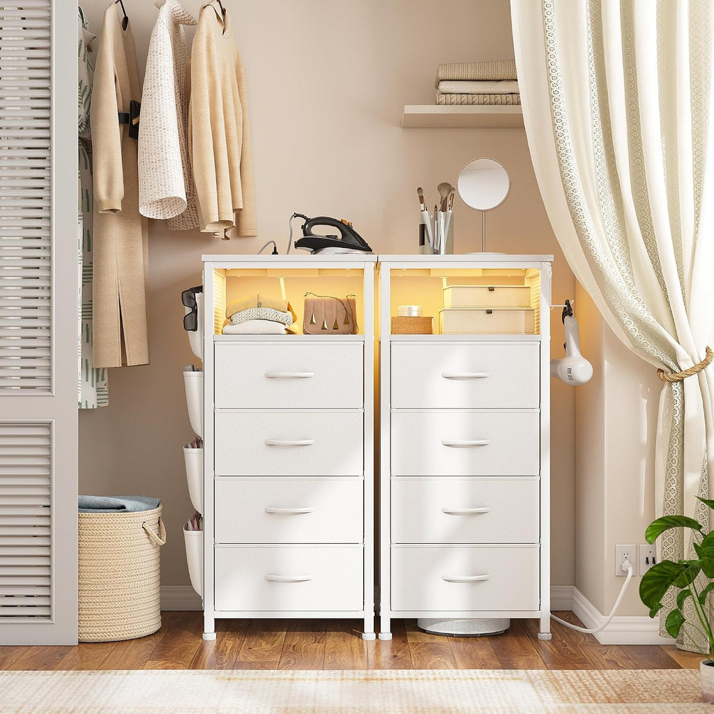 White Nightstand Set of 2,LED Night stand with Charging Station,Fabric Bedside Table for Bedroom, Hallway, Entryway, Living Room, Closet, Sturdy Steel Frame, Wood Top, Cloth Bags, Hooks, White
