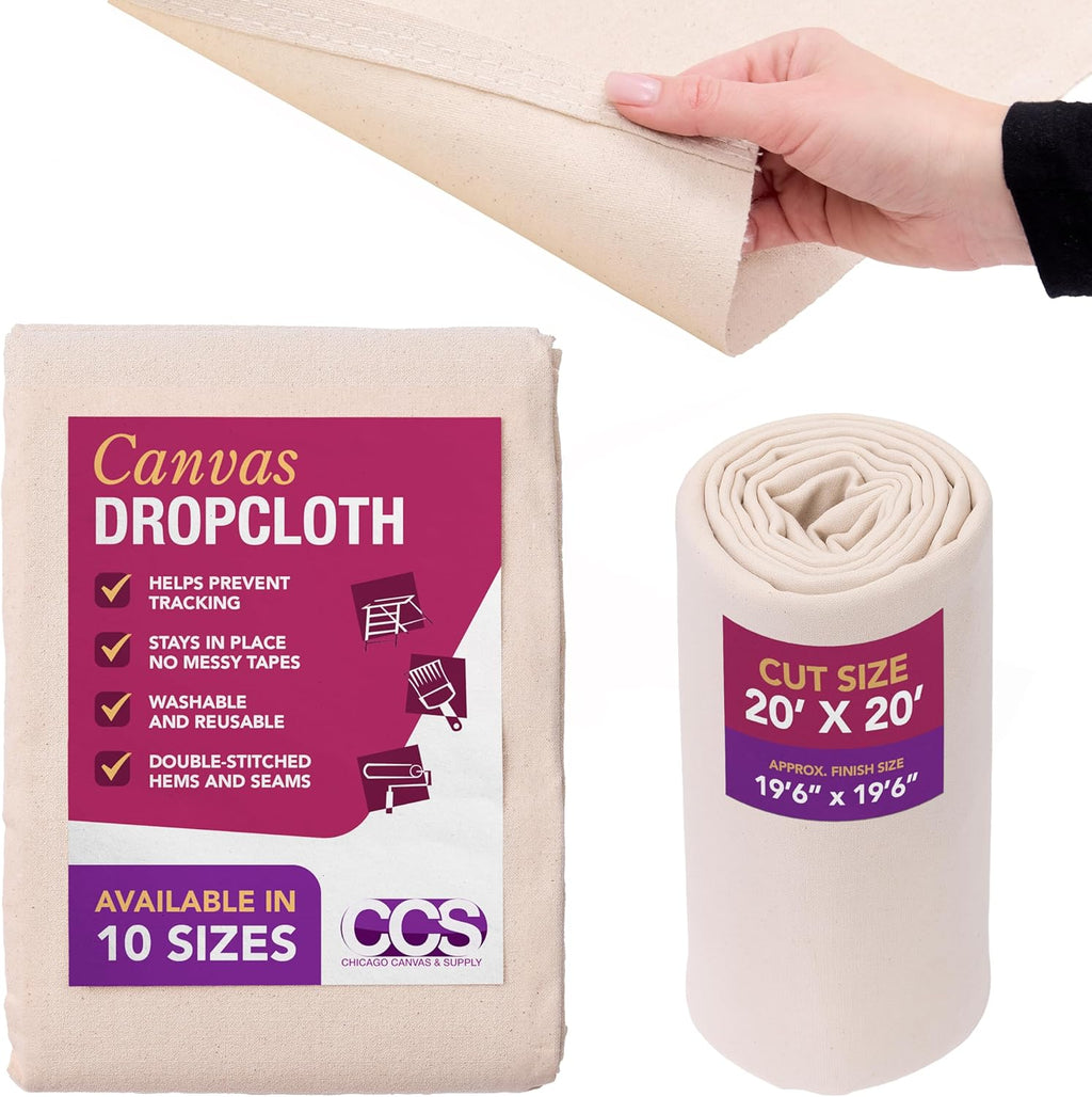 CCS Canvas Drop Cloth for Painting – All Purpose Cotton Duck Cloth Tarp for Curtains, Tablecloths, Backdrops – Washable & Reusable Floor Cover & Dust Sheet for Furniture (20x20 Ft)