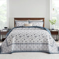 Oversized Queen Bedspreads 120'x102' - 100% Cotton Super King Quilt, Farmhouse Blue Floral Pattern, Extra Large Quilted Coverlet, Lightweight Reversible XL Bedding Set, 3 Pcs