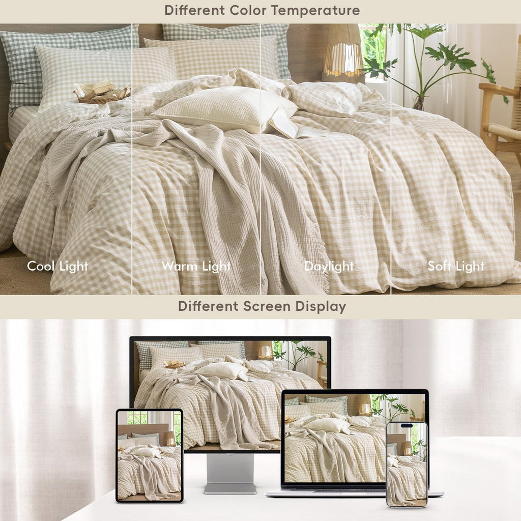 MooMee Gingham Duvet Cover Set 100% Washed Cotton Linen Like Textured Breathable Durable Soft Comfy Modern Checkered Design (Almond Milk Grey Gingham, Super King 108'x98')