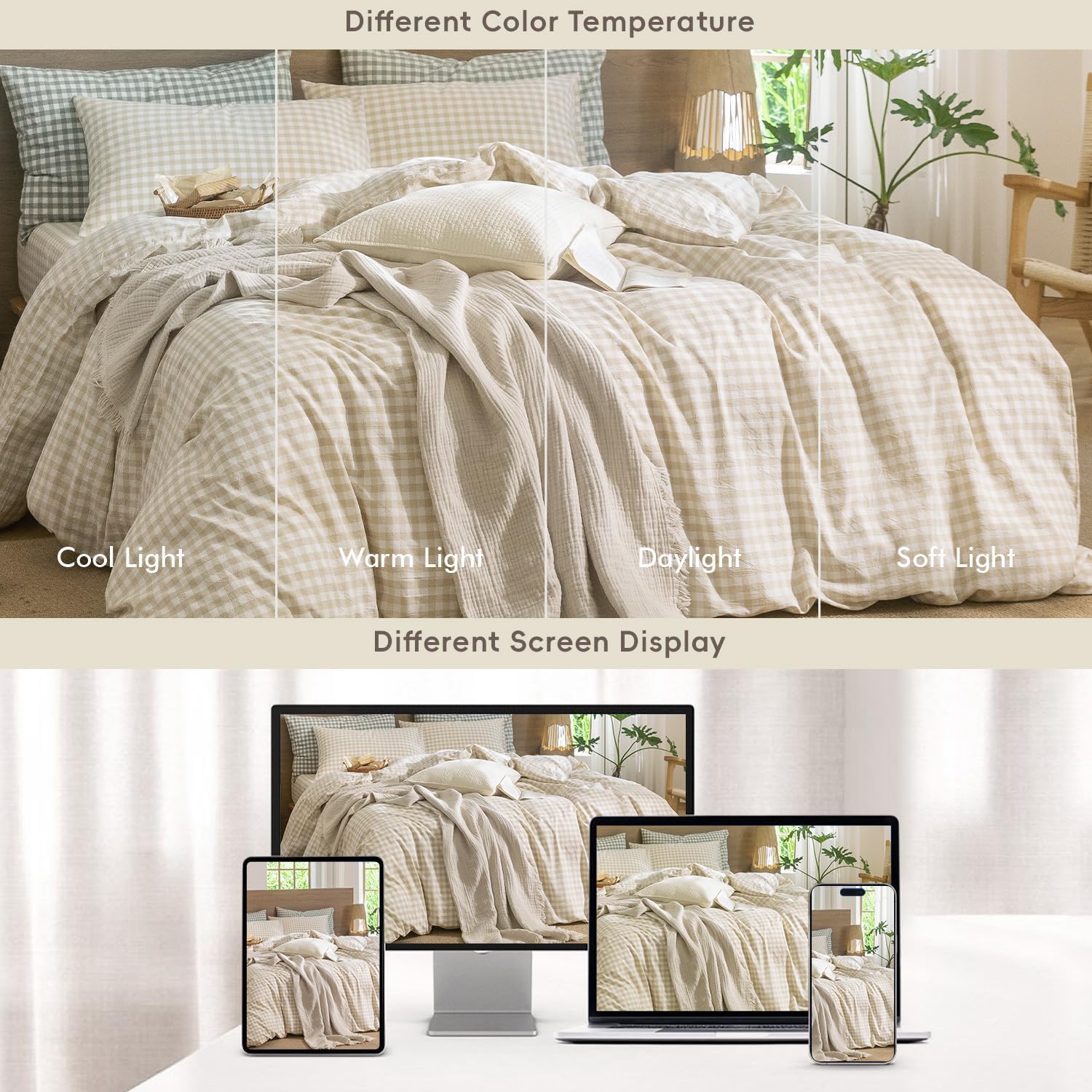 MooMee Gingham Duvet Cover Set 100% Washed Cotton Linen Like Textured Breathable Durable Soft Comfy Modern Checkered Design (Almond Milk Grey Gingham, Super King 108'x98')