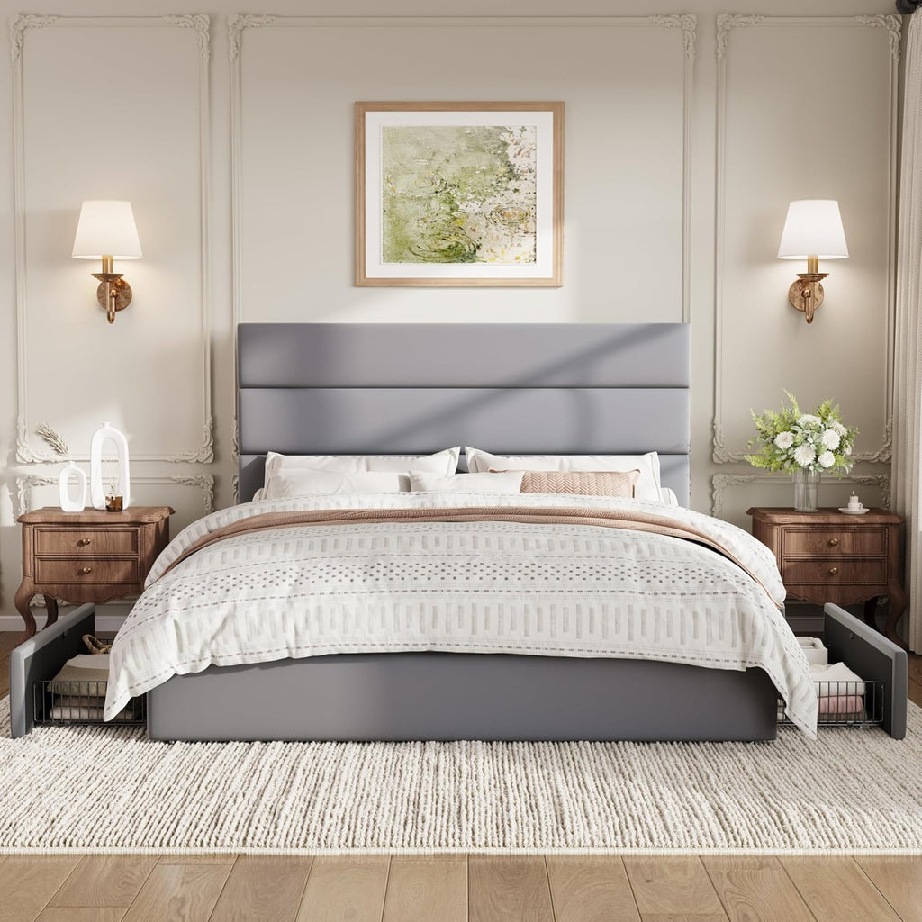 SHA CERLIN Queen Size Platform Bed Frame with 4 Storage Drawers, Velvet Upholstered Headboard, Mattress Foundation with Wooden Slats Support, No Box Spring Needed, Easy Assembly, Grey