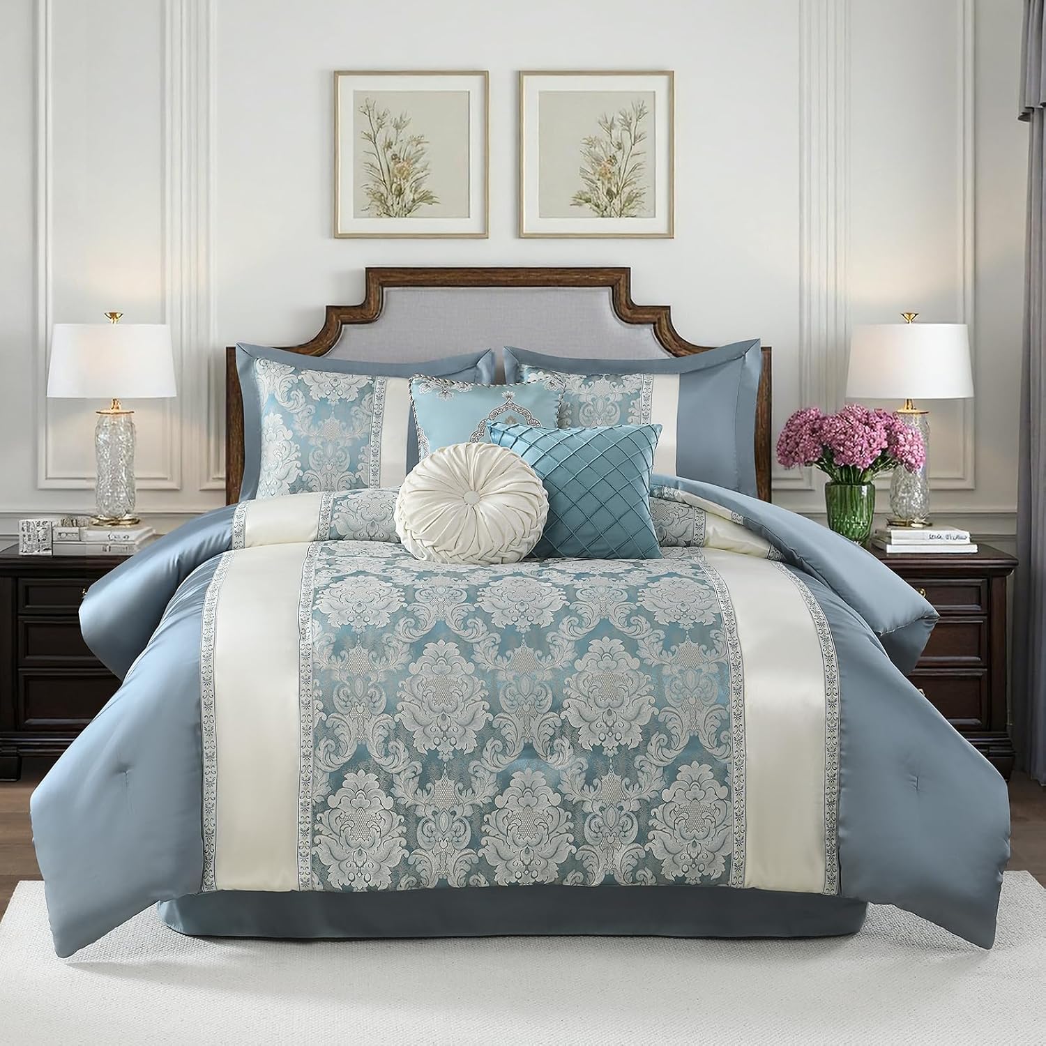 SahSahCasa 7-Piece Luxury Queen Comforter Set, Bed in a Bag Queen, Jacquard Silky Fluffy Comforter Bedding Set with Bedskirt, Decorative Pillows, Elegant Reversible, Down-Alternative, Dusty Blue
