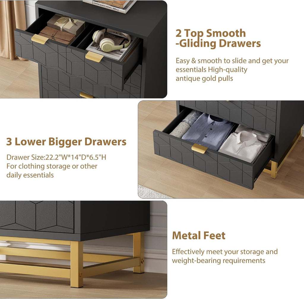 IDEALHOUSE Black Dresser for Bedroom, 5 Drawer Dresser with Metal Legs, Modern Chest Organizer with Wide Storage, Chest of Drawers for Bedroom, Living Room, Entryway