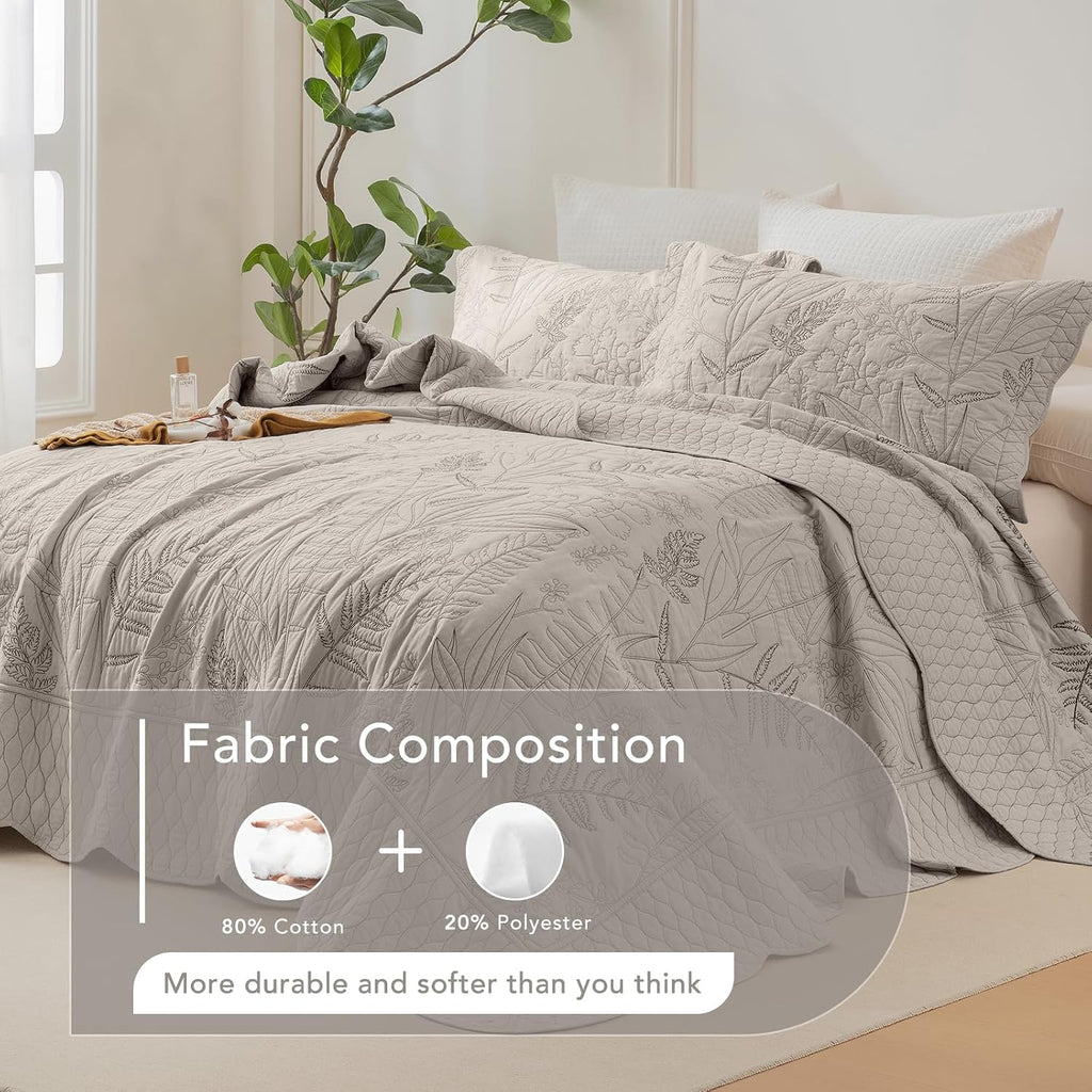 Lady Ann Oversized King Bedspread 120x120, Leaves Pattern Stitching Printed Quilt Set Soft & Lightweight Linen Feel Quilted Coverlet, 3 Pcs Extra Large Botanical Bedding Sets