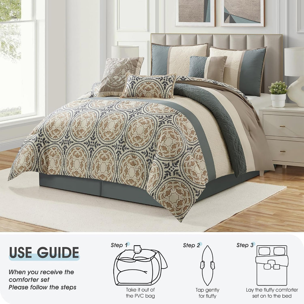LANCO MODERN LIFESTYLE California King Comforter Set, Green Taupe, 7 Pieces Soft Microfiber Print Fabric Bedding Set, Luxury Home Decor, Bed in a Bag, Comforter, Bedskirt, Shams and Decor Pillows