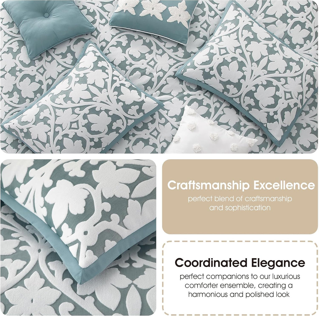 Grand Avenue 7 Piece Blue Comforter Set, Queen Size Jacquard Bedding Set, All Season Floral Leaves Bedding, Matching Pillows, Shams, Bed Skirt