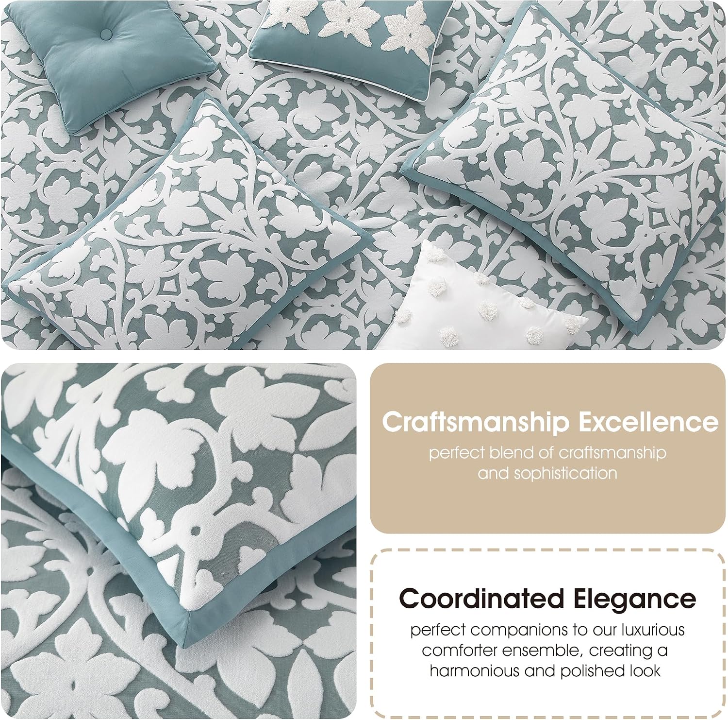 Grand Avenue 7 Piece Blue Comforter Set, California King Size Jacquard Bedding Set, All Season Floral Leaves Bedding, Matching Pillows, Shams, Bed Skirt