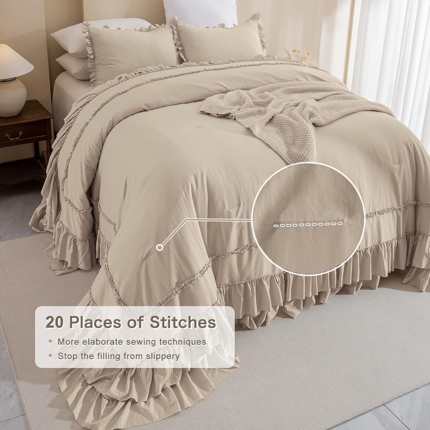 Masaca Ruffled Oversized King Comforter 120x98,Farmhouse Shabby Boho Chic Ruffle California King Comforter Set 3 Pieces French Country Vintage Rustic Bedding for All Season