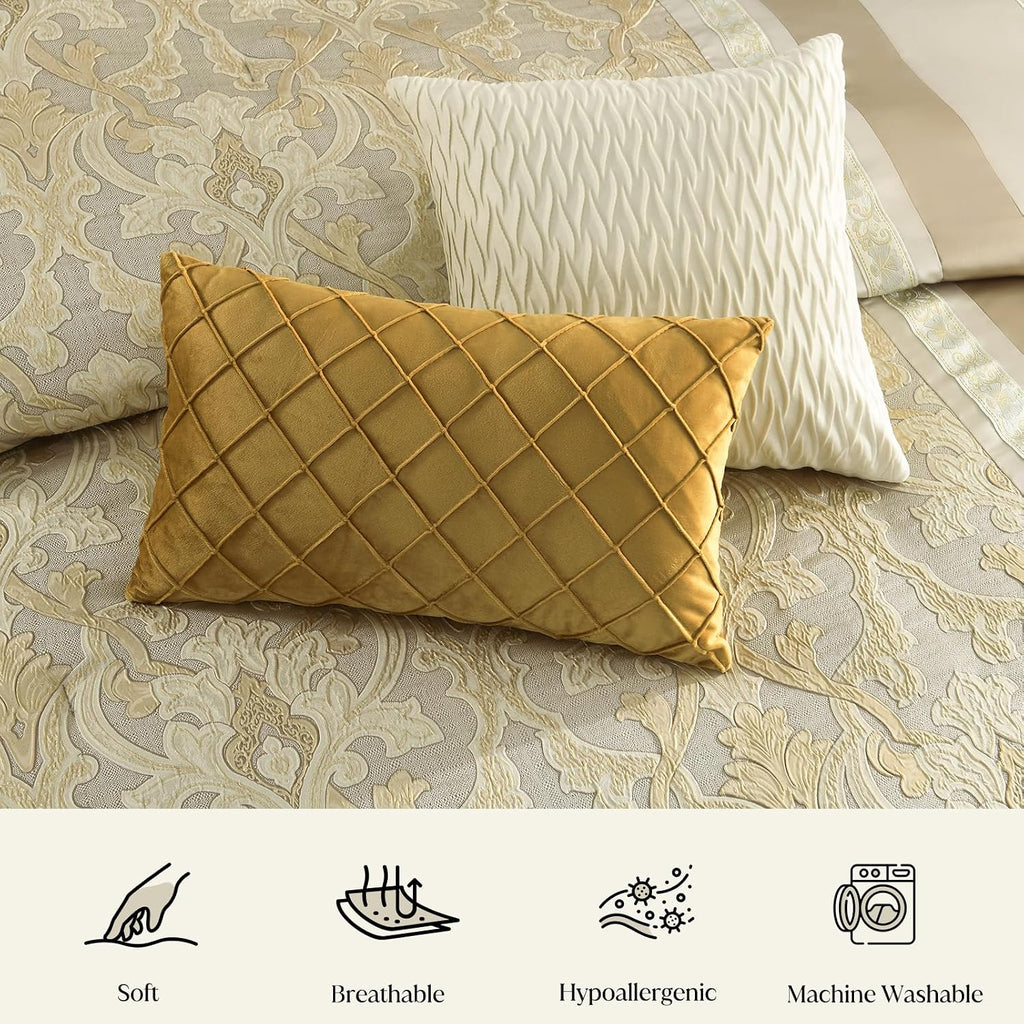 CozyDH Luxury Comforter Set King Size, Champagne Beige - 7 Piece Bed in a Bag Jacquard Vintage Floral Damask, All Season Down Alternative Bedding with Bed Skirt, Shams, Decorative Pillows, 104x90 in