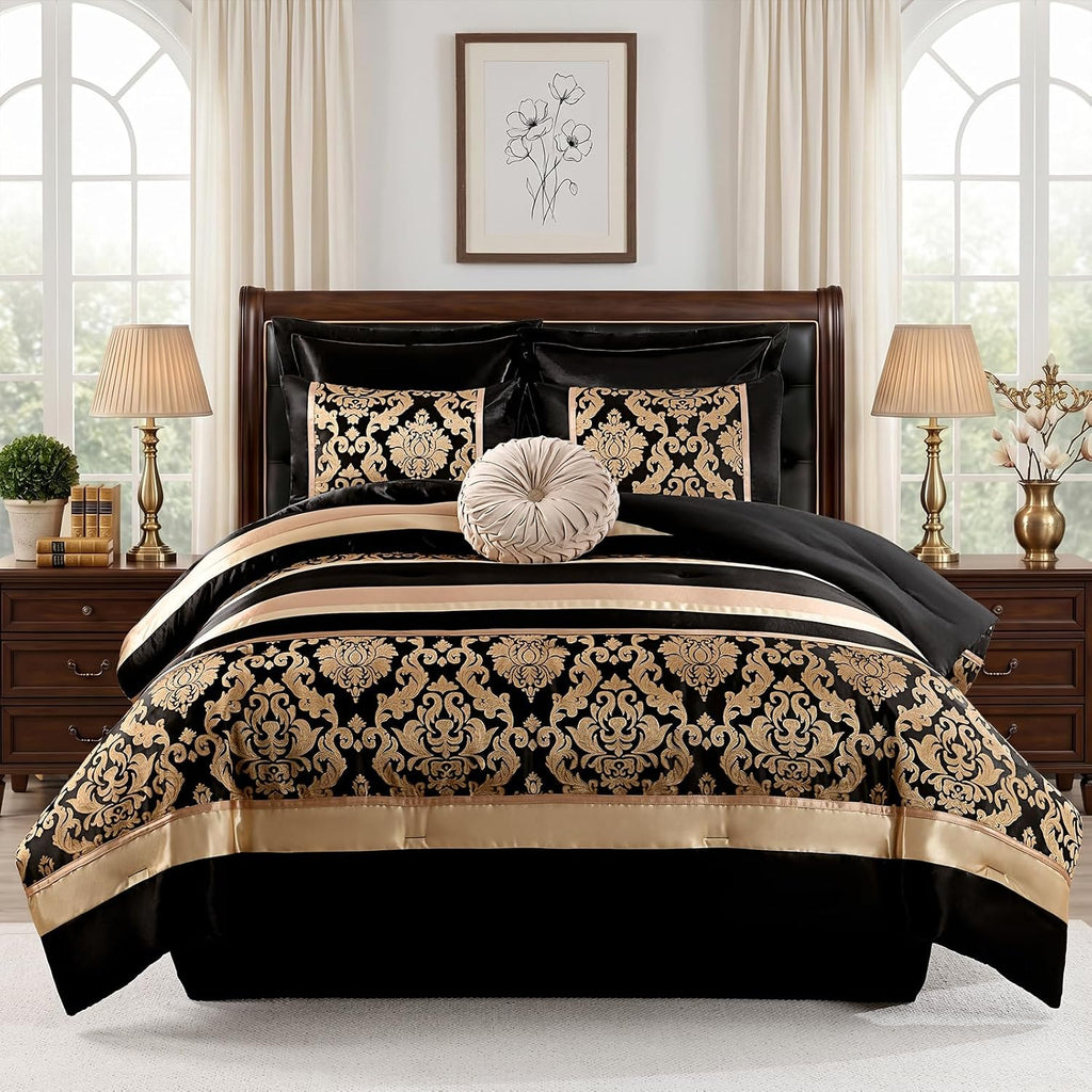 CozyDH Black Gold Floral Comforter Set King - 7 Piece Luxury Jacquard Vintage Patchwork Bed in a Bag, All Season Down Alternative Bedding with Bed Skirt, Shams, Decorative Pillow, 104x90 in