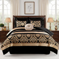 CozyDH Black Gold Floral Comforter Set California King - 7 Piece Luxury Jacquard Bed in a Bag Vintage Patchwork, All Season Down Alternative Bedding with Bed Skirt, Shams, Decorative Pillow, 104x96 in