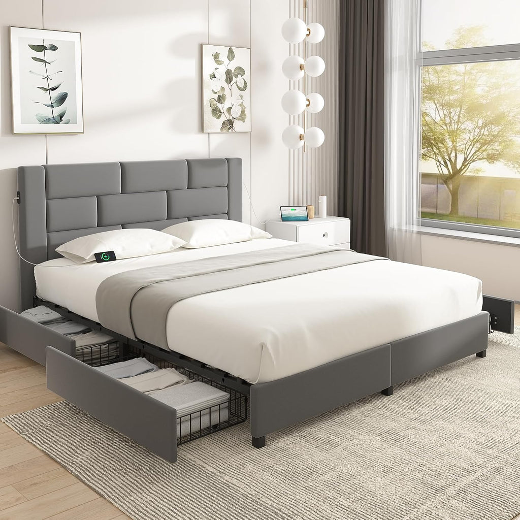 VECELO Full Bed Frame with 4 Storage Drawers, Upholstered Platform Beds with Velvet Headboard and Charging Station-Ports for USB and Type-C, Noise-Free, No Box Spring Needed, Easy Assembly, Dark Grey